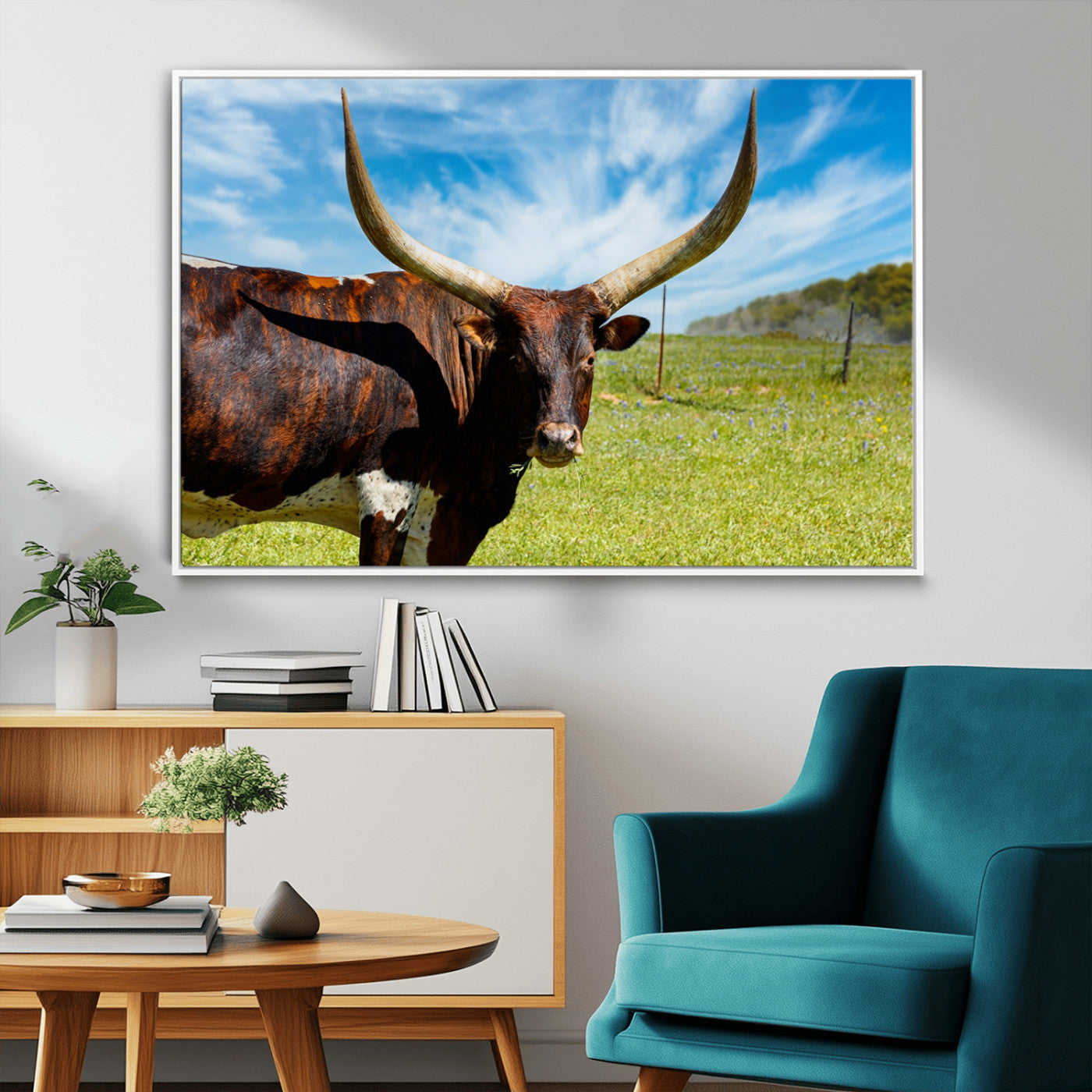 47037-MGV-FC-36X24_White-Longhorn and Cow Wall Art, Country Cow Wall Decor Canvas Print