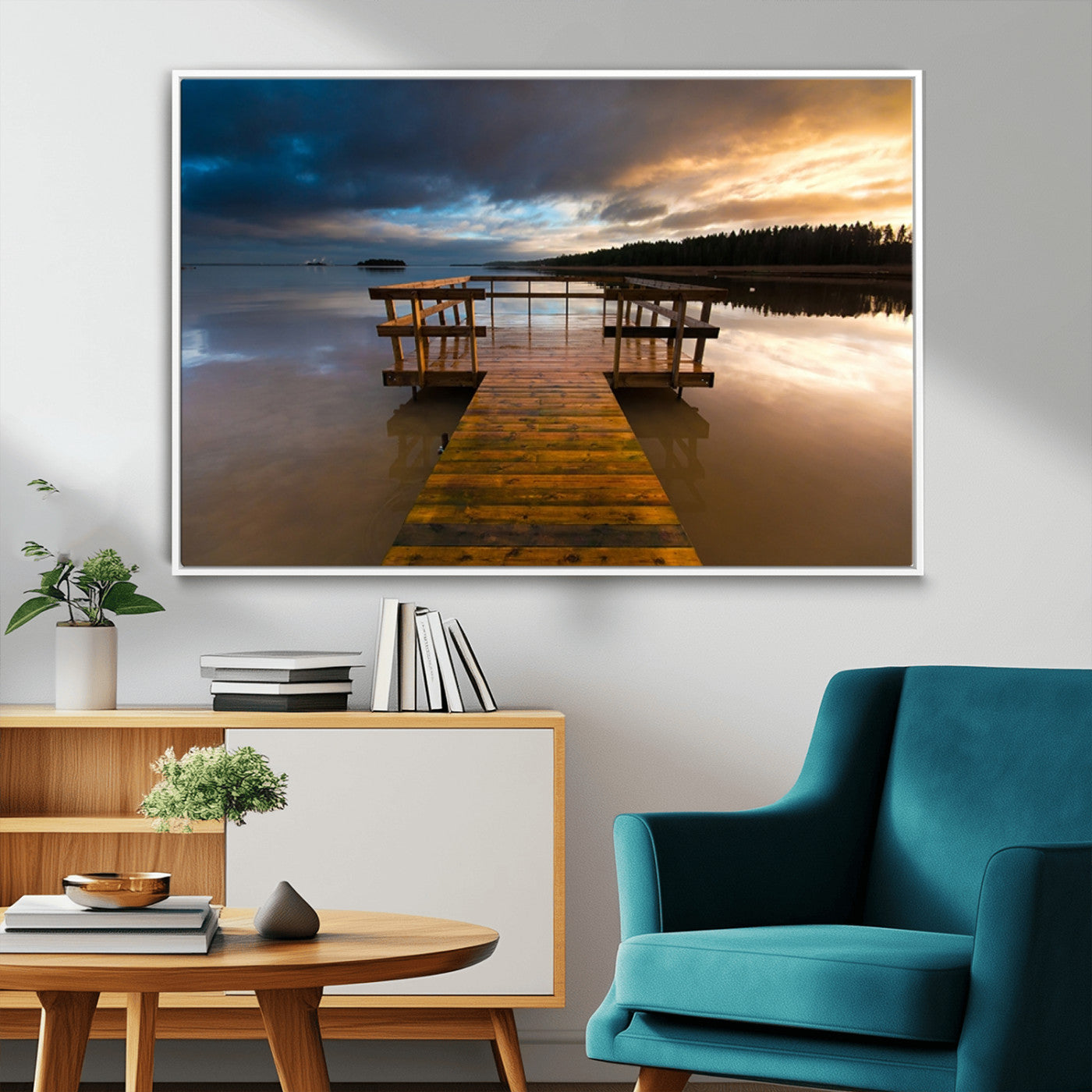 -Serene Lake Pier at Sunset Canvas Print | Landscape Canvas Print | Ready to Hang and Framed Wall Art
