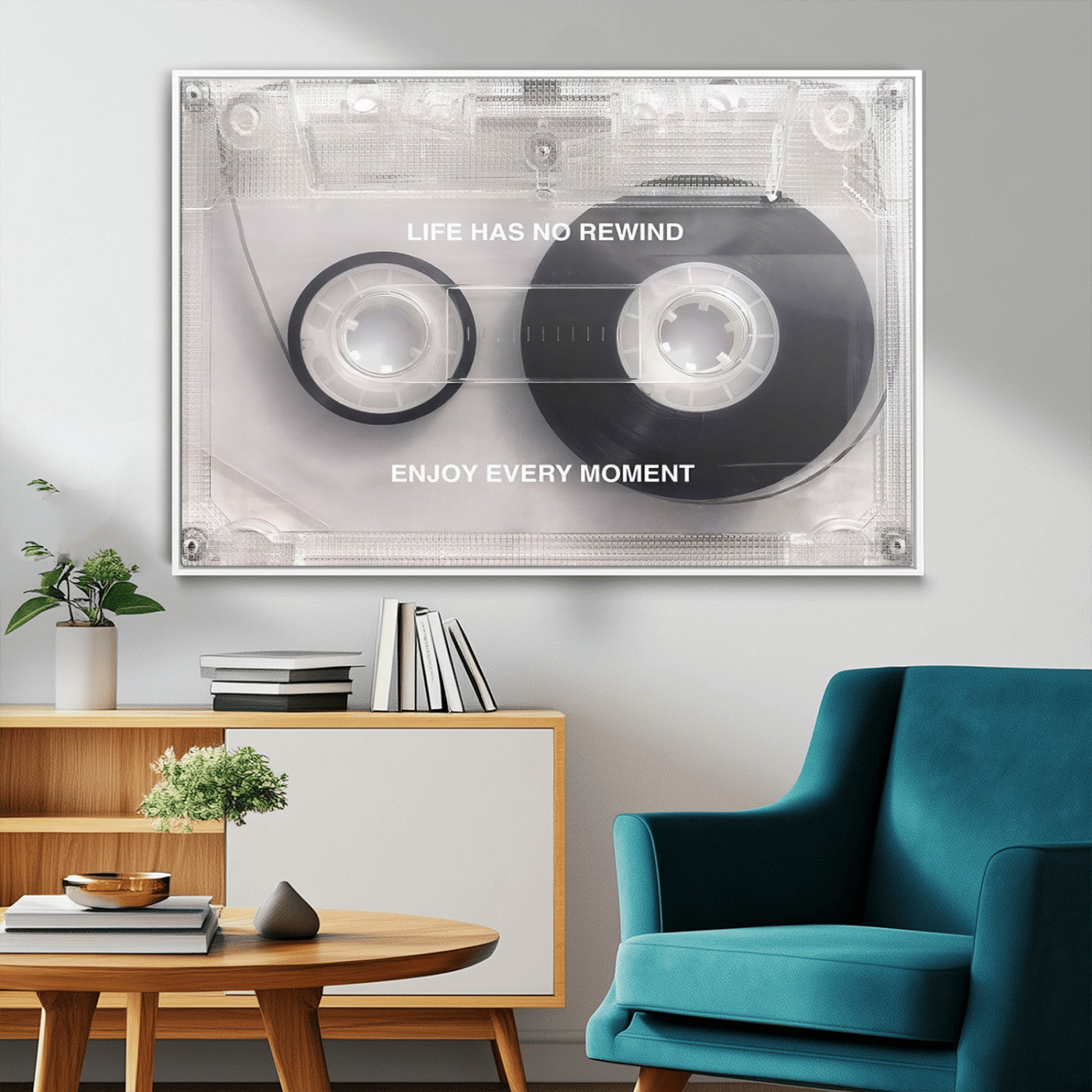 54028-MGV-FC-36X24_White-Vintage Cassette Tape Canvas Wall Art - Inspirational 'Life Has No Rewind' Quote, Retro Music Decor