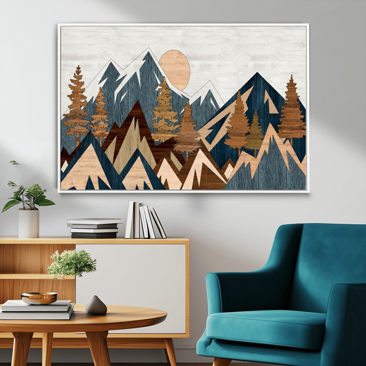 91467-MGV-CV-36X24-Abstract Wood Panel Effect Mountain Range Top Wall Art Canvas Print