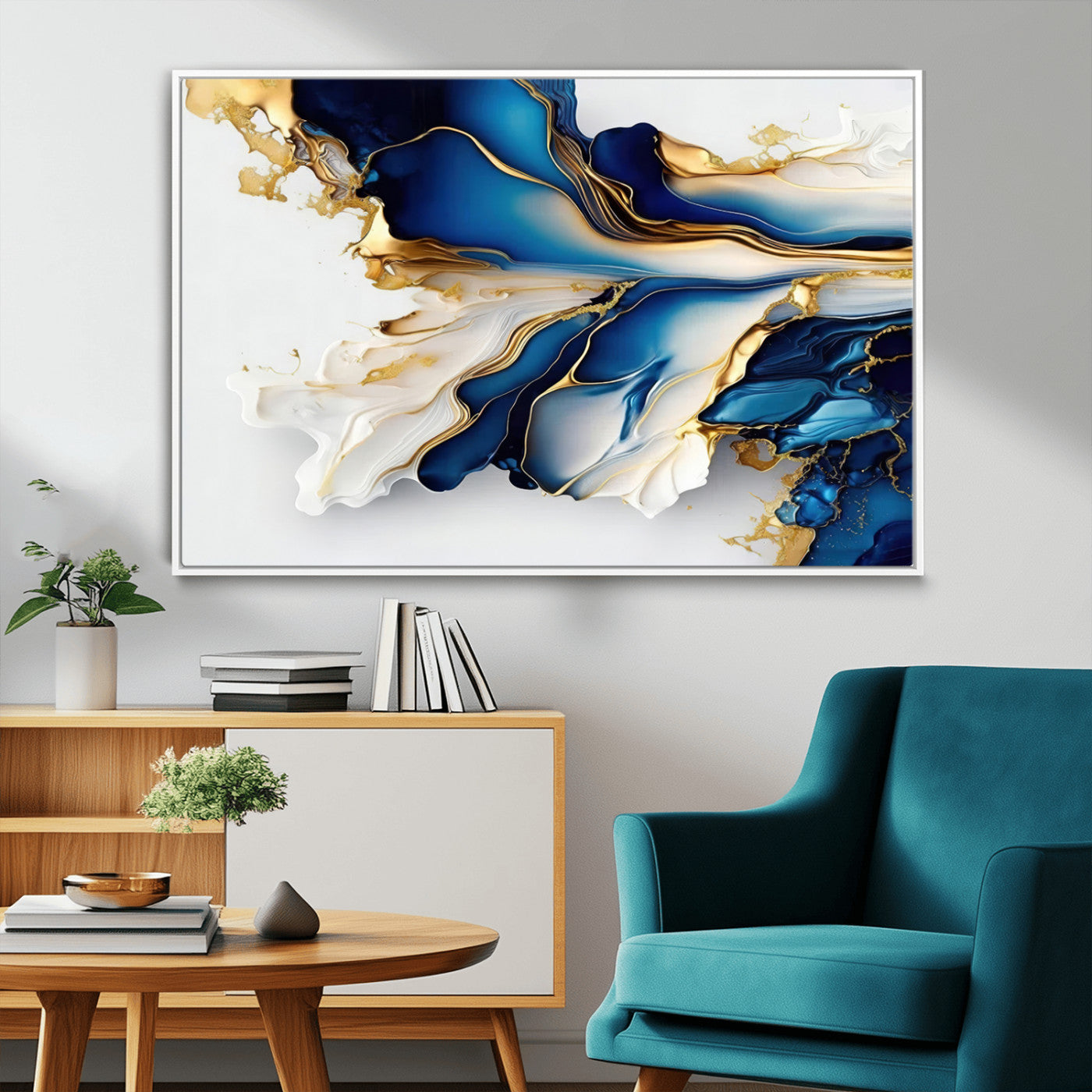 65693-MGV-FC-36X24_White-Gold Marble Art - Abstract Geode Gold And Blue Marble Shape 3 Pieces Wall Art Canvas Print