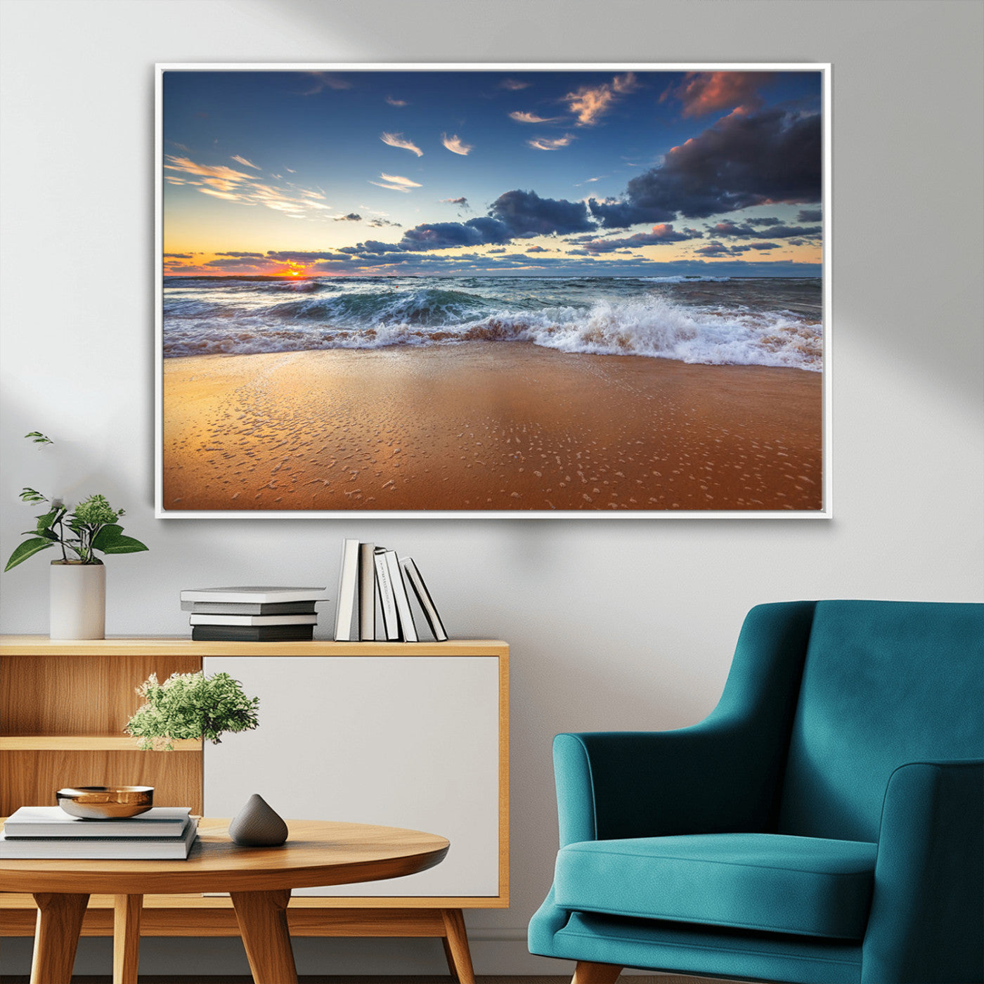 85899-MGV-FC-36X24_White-Beach Canvas Wall Art - Coastal Seascape Print for Living Room or Bedroom, Ocean Waves on Sand,