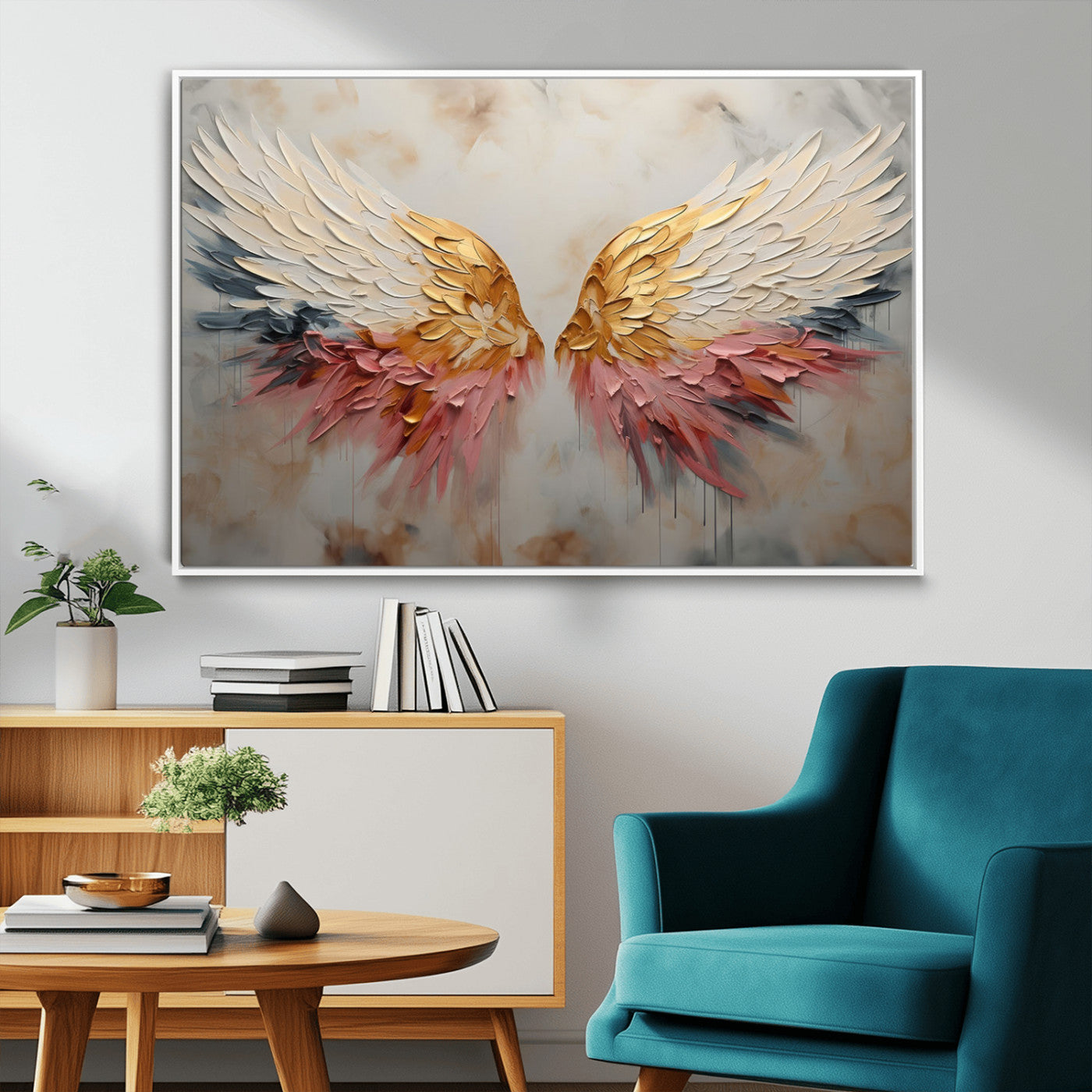 10697-MGV-FC-36X24_White-Golden Angel Wings Wall Art Canvas Print – Stunning Abstract Winged Art for Elegant Home Decor –
