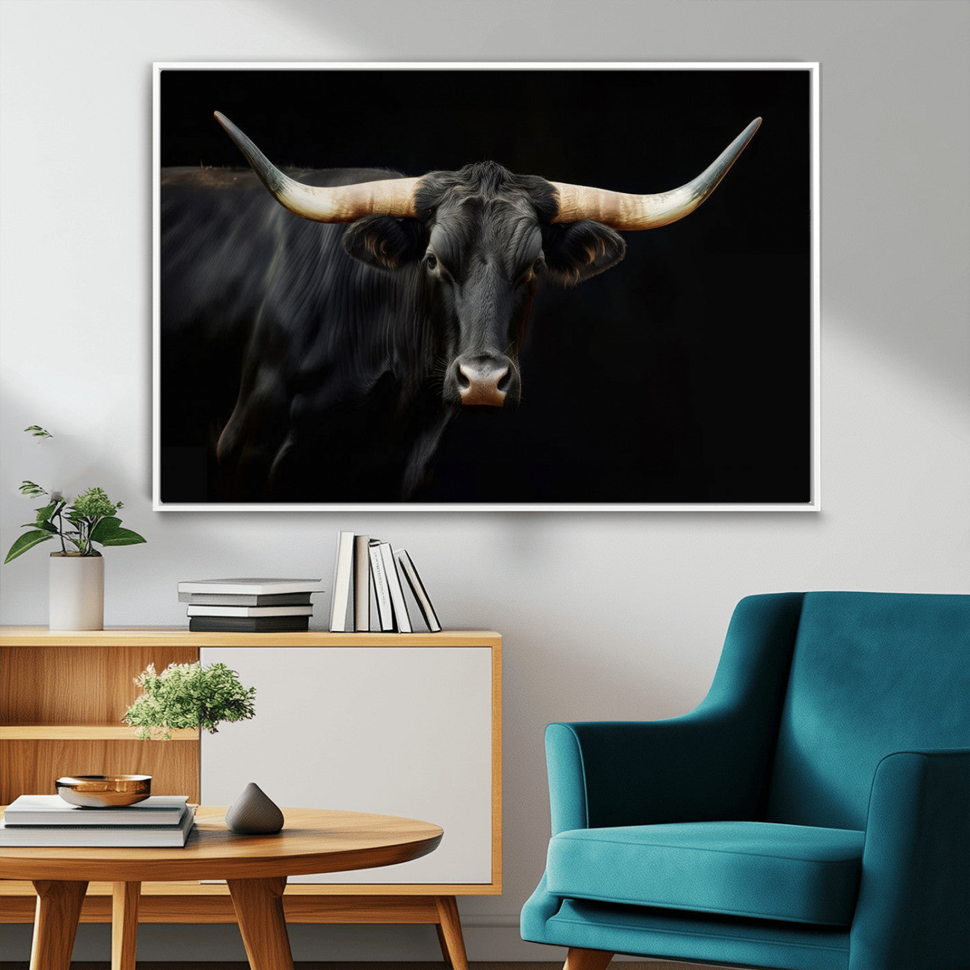 63798-MGV-FC-36X24_White-Black Bull Wall Art – Majestic Longhorn Canvas Print with Dark Background, Rustic Western Farmhouse Decor for Living Room or Office