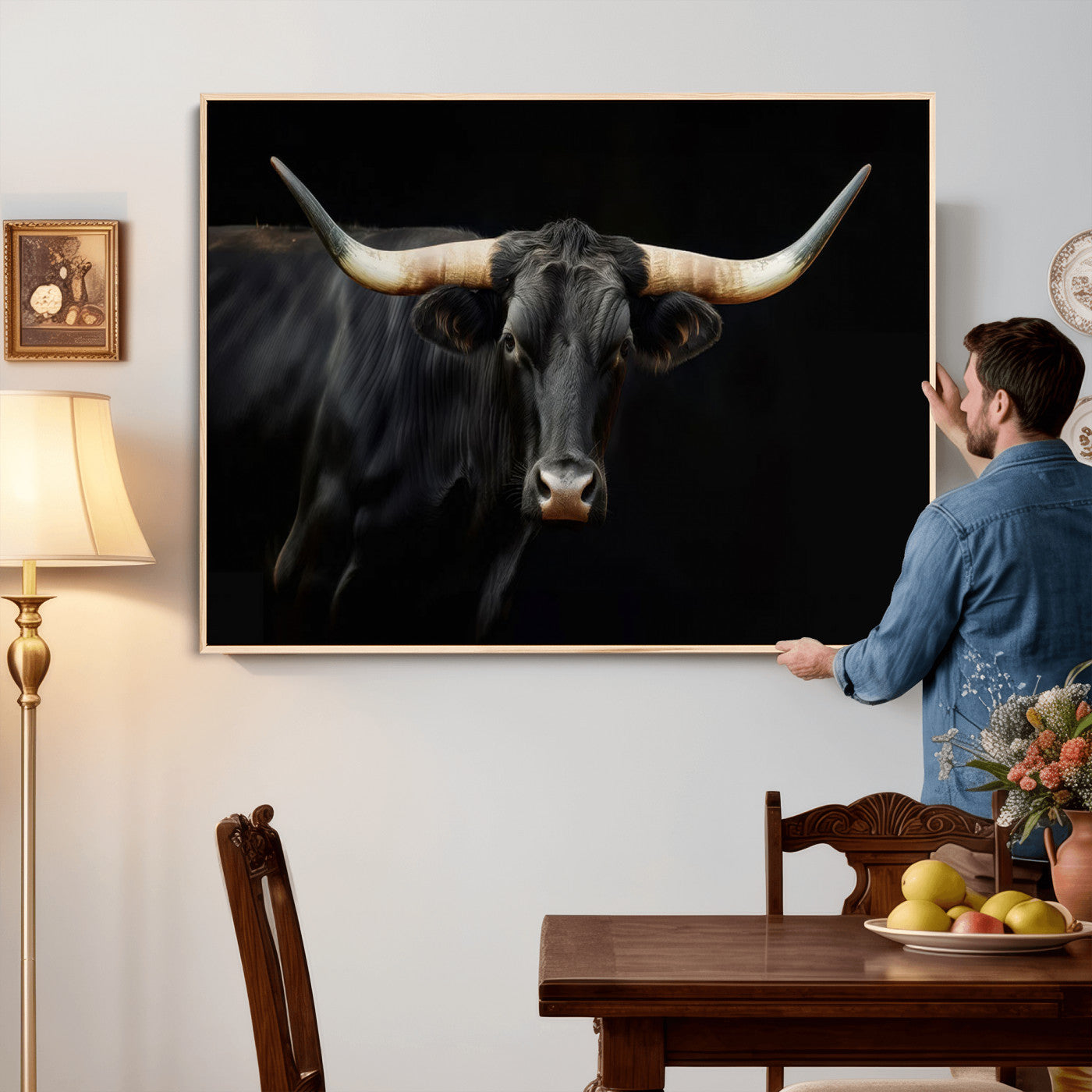 63798-MGV-CV-36X24 - Texas Longhorn Cow | Majestic Black Bull Wall Art Canvas Print - Farmhouse Animal Decor - Ready to
