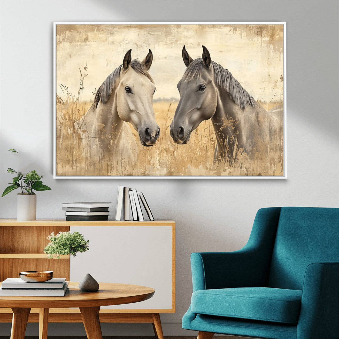 -Chines Ink Style Grunge Horses Wall Art Canvas Print