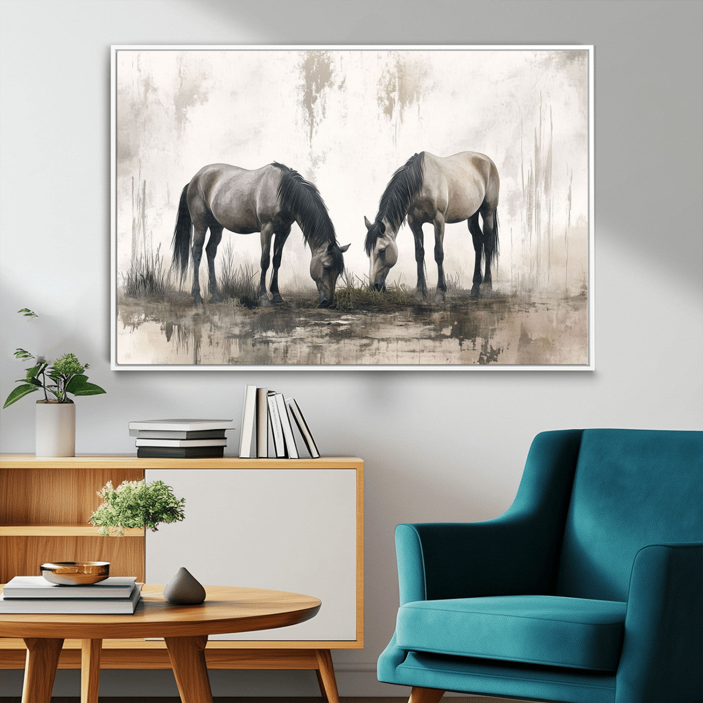 -Chines Ink Style Vintage Horses Wall Art Canvas Print for Farmhouse Wall Decor