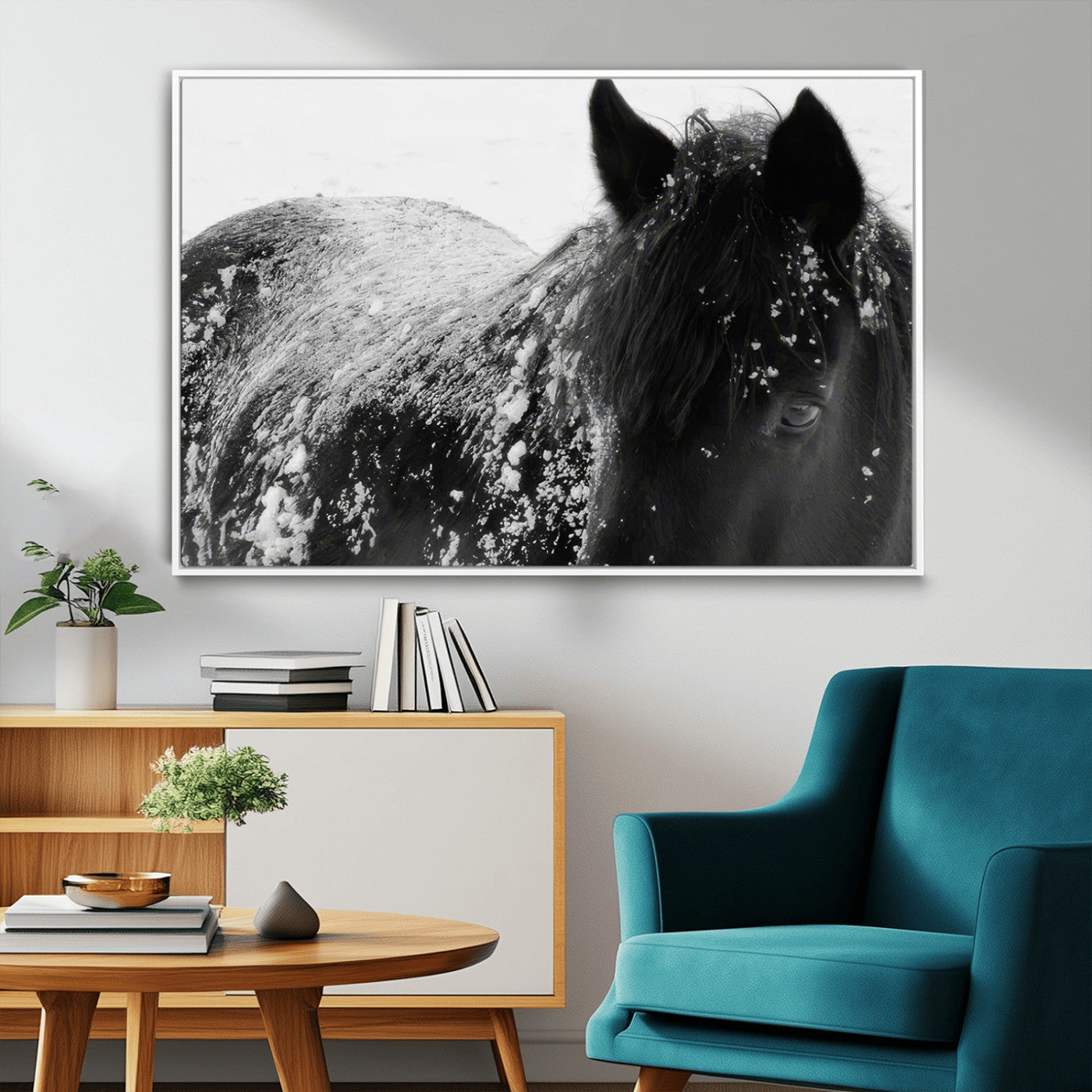 52886-MGV-FC-36X24_White-Black Horse in Snow Canvas Print | Winter Horse Wall Art | Ready to Hang and Framed | Farmhouse Wall