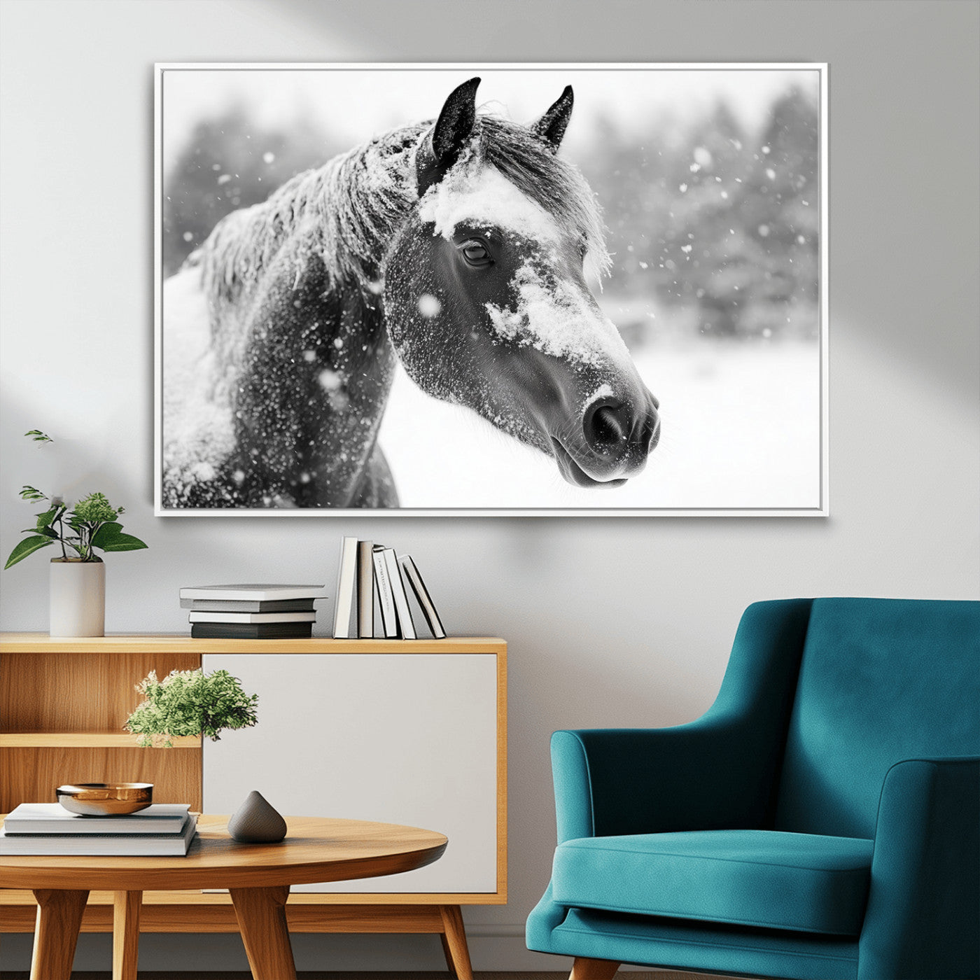 13358-MGV-CV-36X24-Black Horse Winter Wall Art | Ready to Hang and Framed | Farmhouse and Western Wall Decor for Living Room