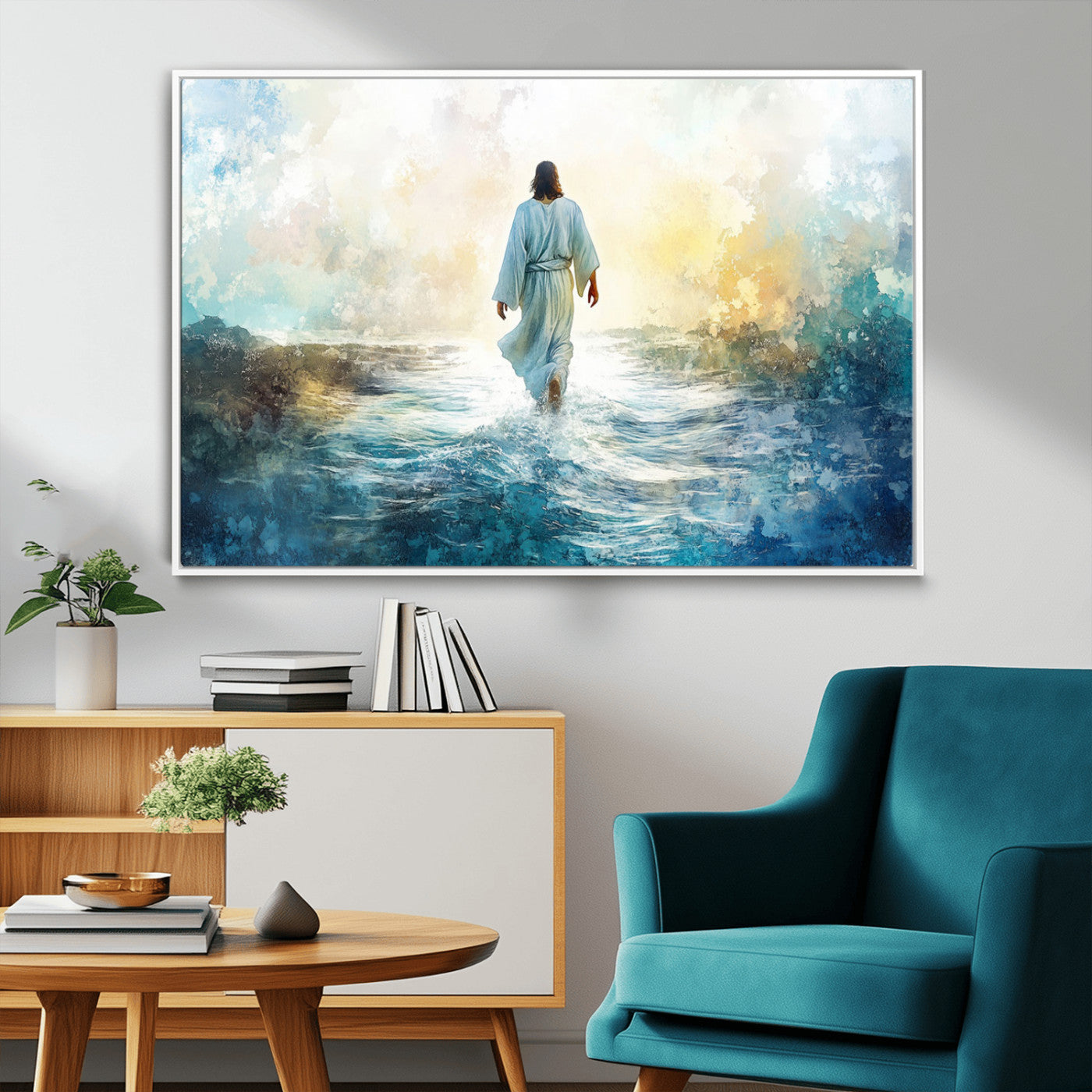 60634-MGV-FC-36X24_White-Watercolor Jesus Walking on Water Canvas Print, Christian Wall Art, Jesus Christ Walking