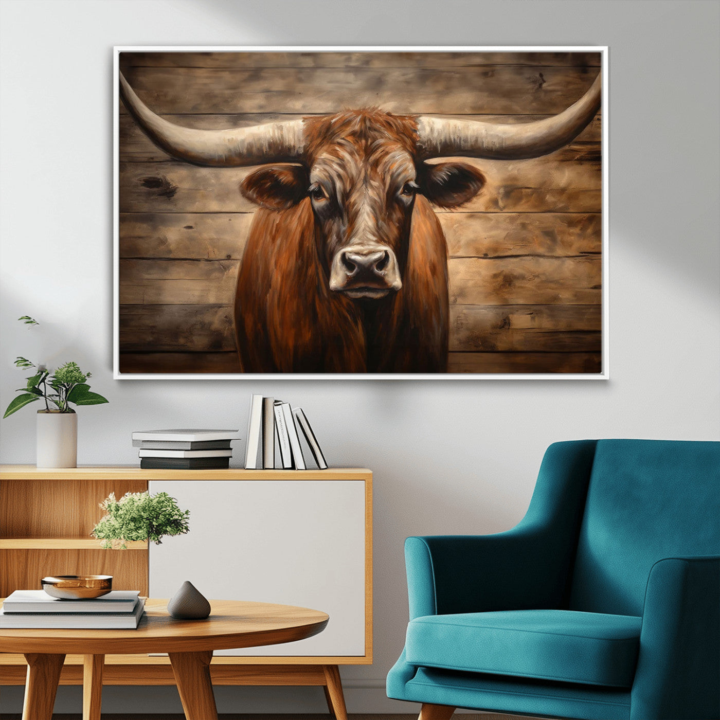 77556-MGV-FC-36X24_White-Longhorn Bull Wall Art | Canvas Print | Ready to Hang | Rustic Farmhouse Wall Decor | Western Barn