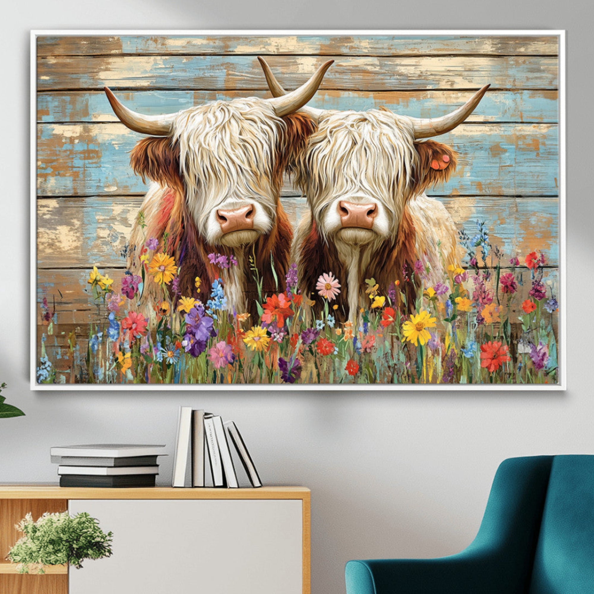 36972-MGV-CV-36X24-Cute Highland Cow Canvas Wall Art - Rustic Farmhouse Decor with Colorful Flowers Perfect Wall Art