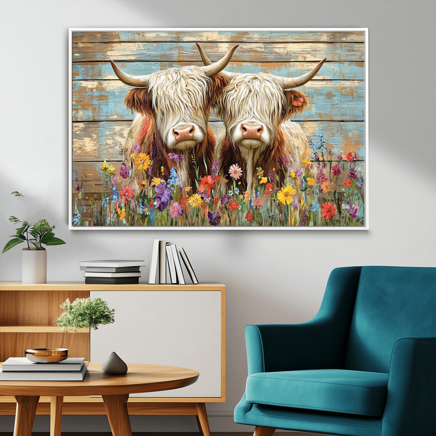 36972-MGV-CV-36X24 - Cute Highland Cow Canvas Wall Art - Rustic Farmhouse Decor with Colorful Flowers Perfect Wall Art