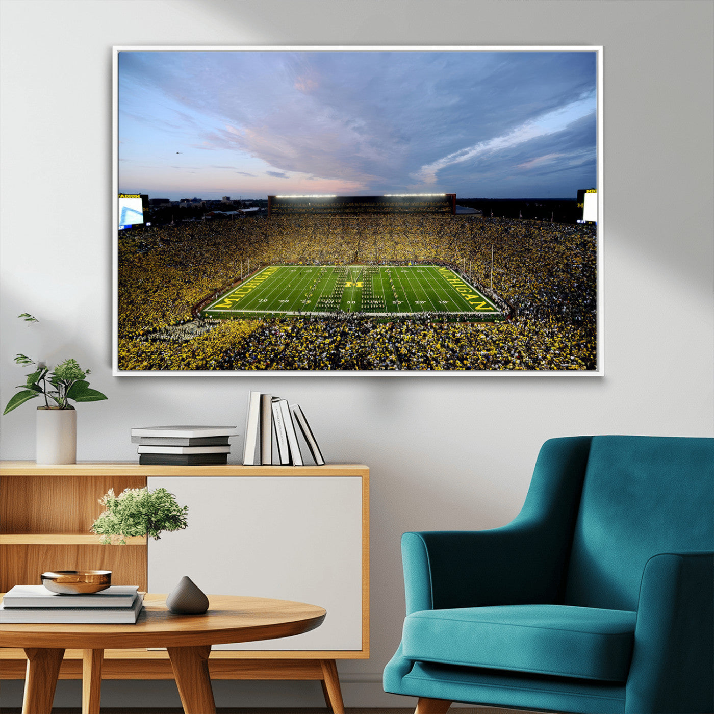82641-MGV-FC-36X24_White-Michigan Stadium Wall Art Canvas Print – Framed Football Field Scene with Marching Band Artwork for Home, Office