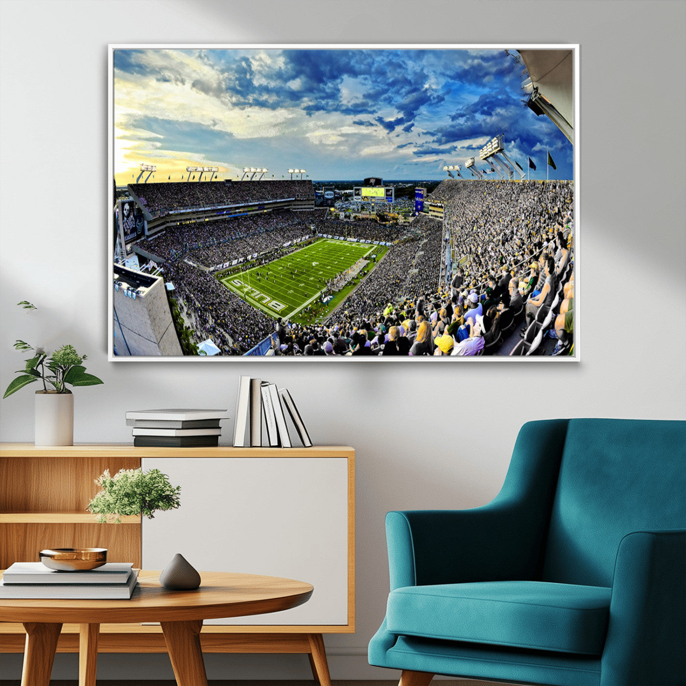 23788-MGV-FC-36X24_White-Framed USF Bulls Football Team Print - Tampa Raymond James Stadium Wall Art Canvas Print