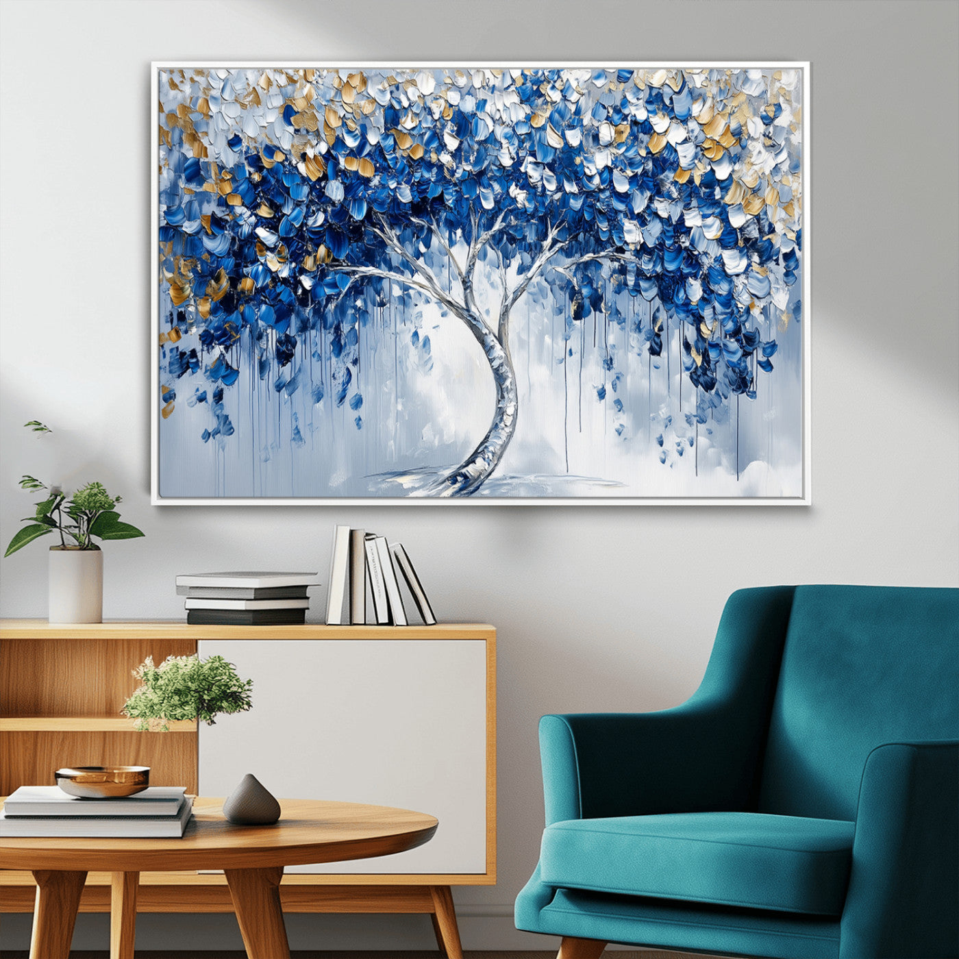 62350-MGV-FC-36X24_White-Blue and Gold Abstract Tree Wall Art Canvas Print | Modern Tree of Life Painting | Framed Canvas