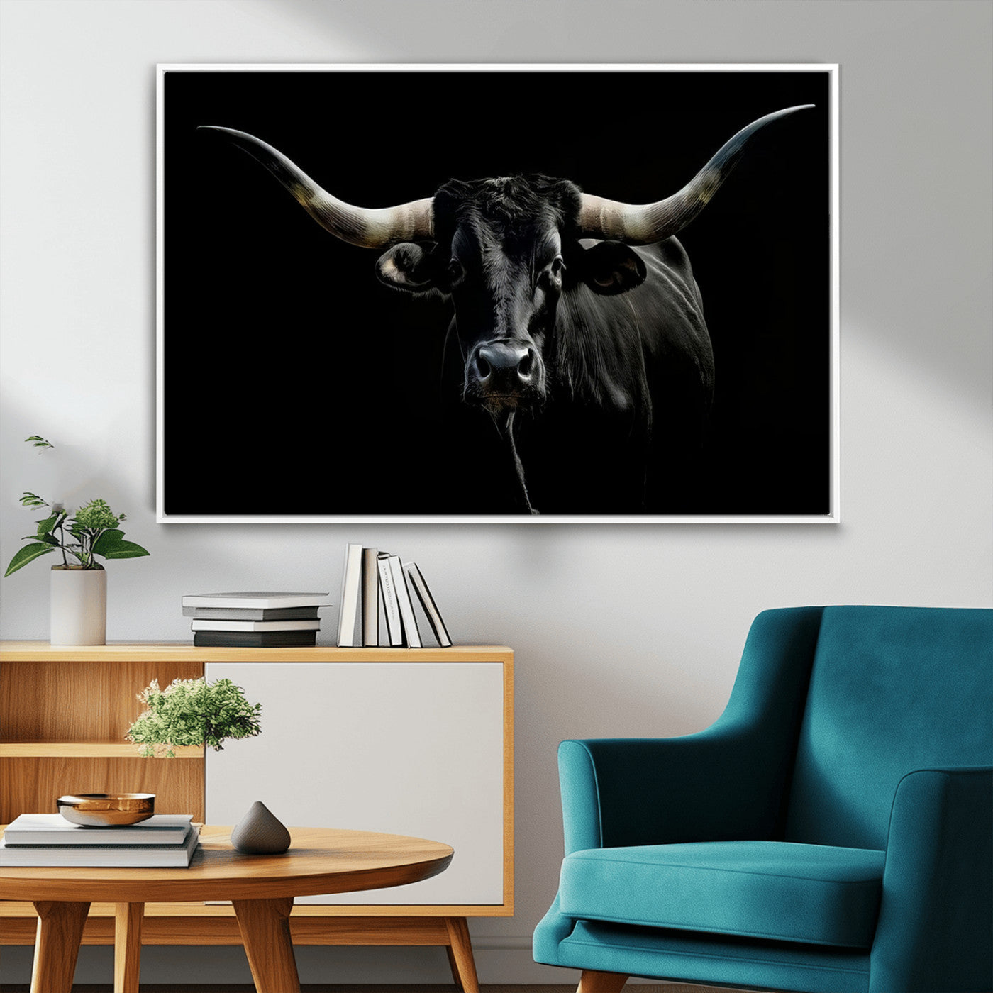 20679-MGV-FC-36X24_White-Texas Black Longhorn Bull Wall Art Canvas Print - Western Texas Cattle Rustic Decor Print - Longhorn