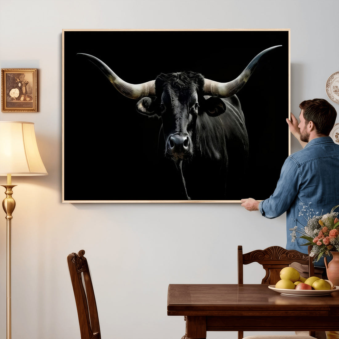 Texas Black Longhorn Bull Wall Art Canvas Print, Western Cattle Rustic Decor