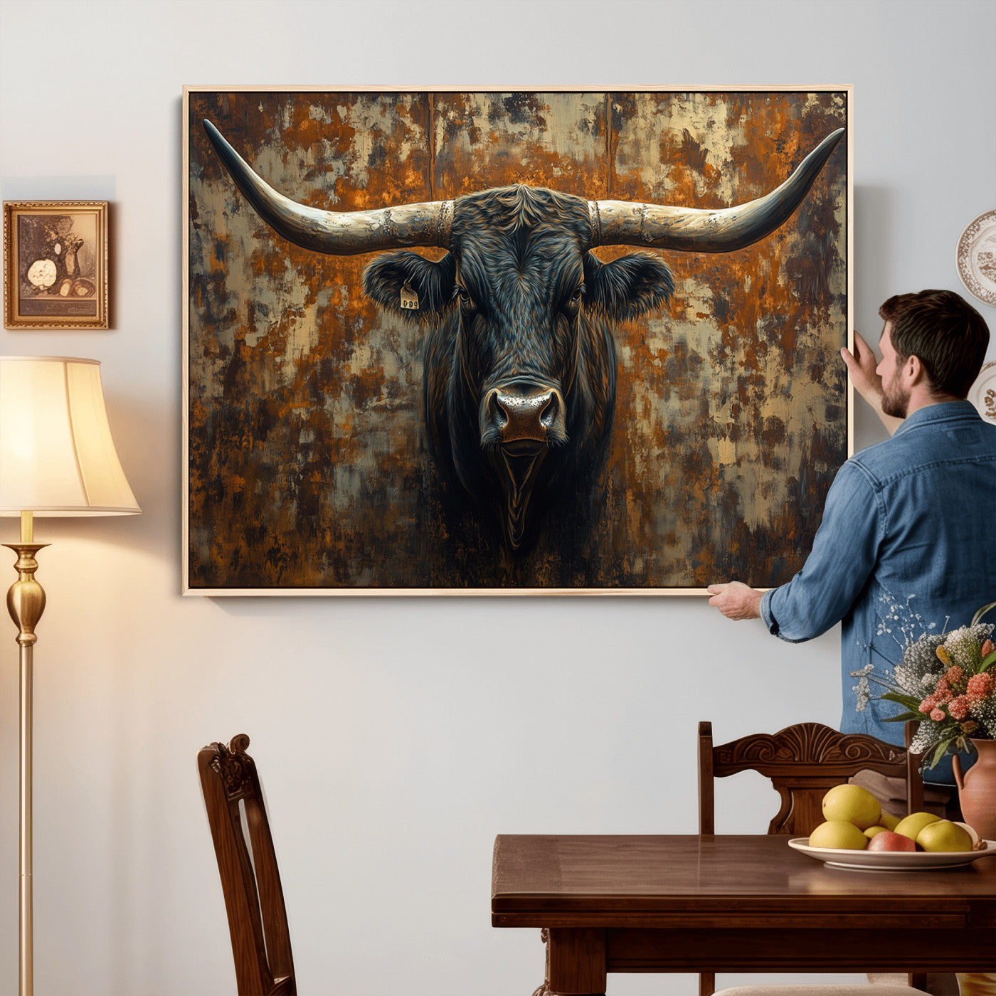 68068-MGV-CV-36X24 - Longhorn Texas Cow Bull Wall Art | Rustic Farmhouse Canvas Print | Ready to Hang Barn Decor for