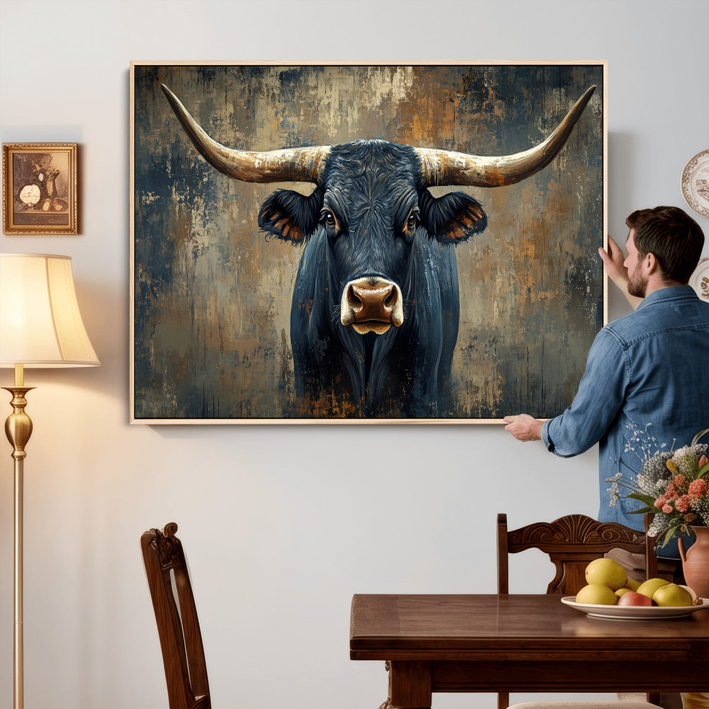 42026-MGV-CV-36X24 - Texas Western Wall Art Canvas Print - Abstract Cow Longhorn Bull Wall Art Canvas Print - Rustic Cow