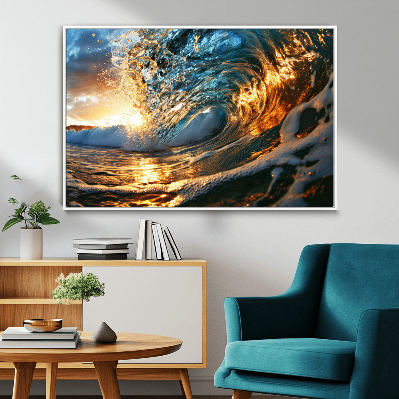 41370-MGV-CV-36X24-Ocean Wave at Sunset Canvas Wall Art – Vibrant Coastal Beach Waves Print, Large Nautical Decor,