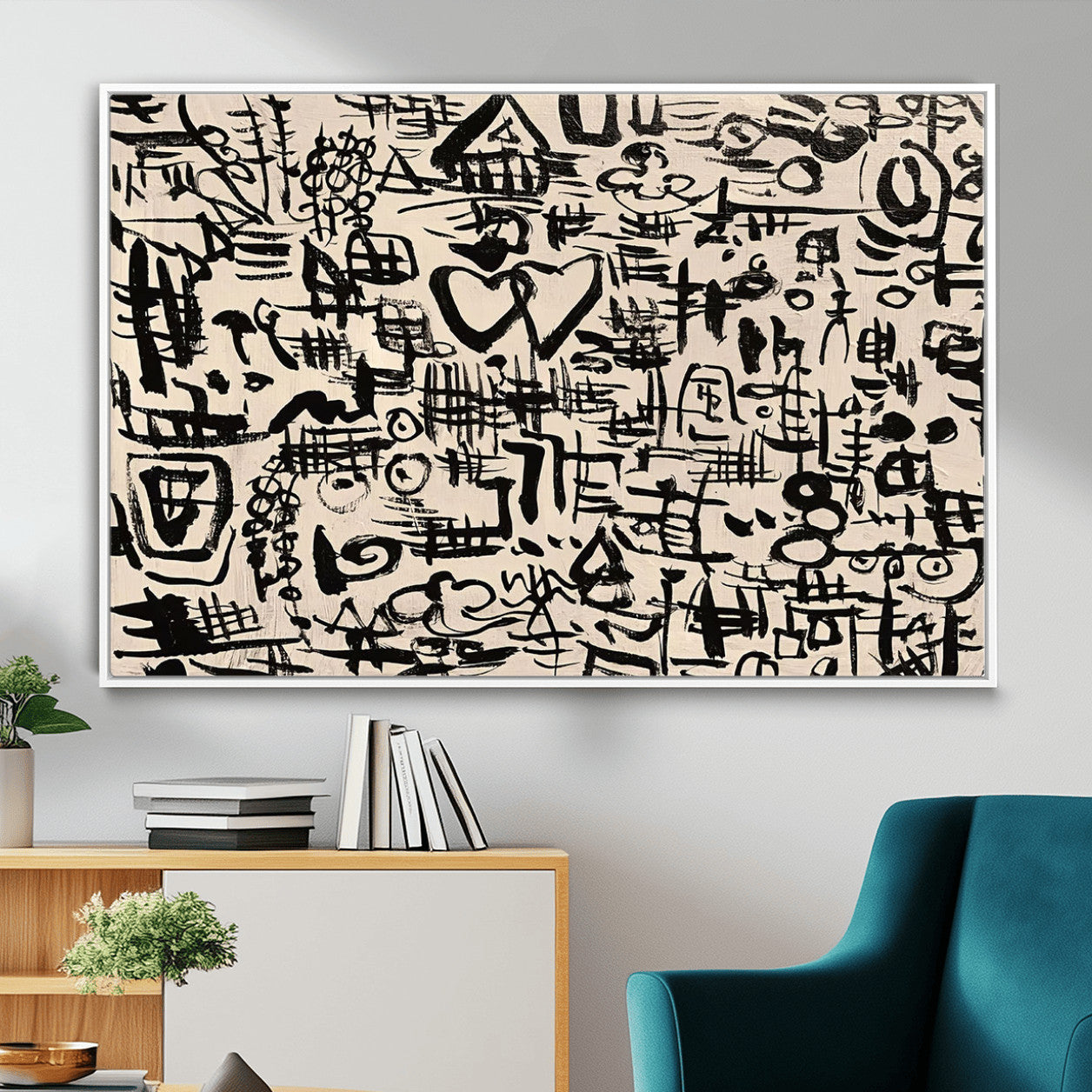 68273-MGV-FC-36X24 - Abstract Love and Chaos Canvas Print, Black Symbols on Beige