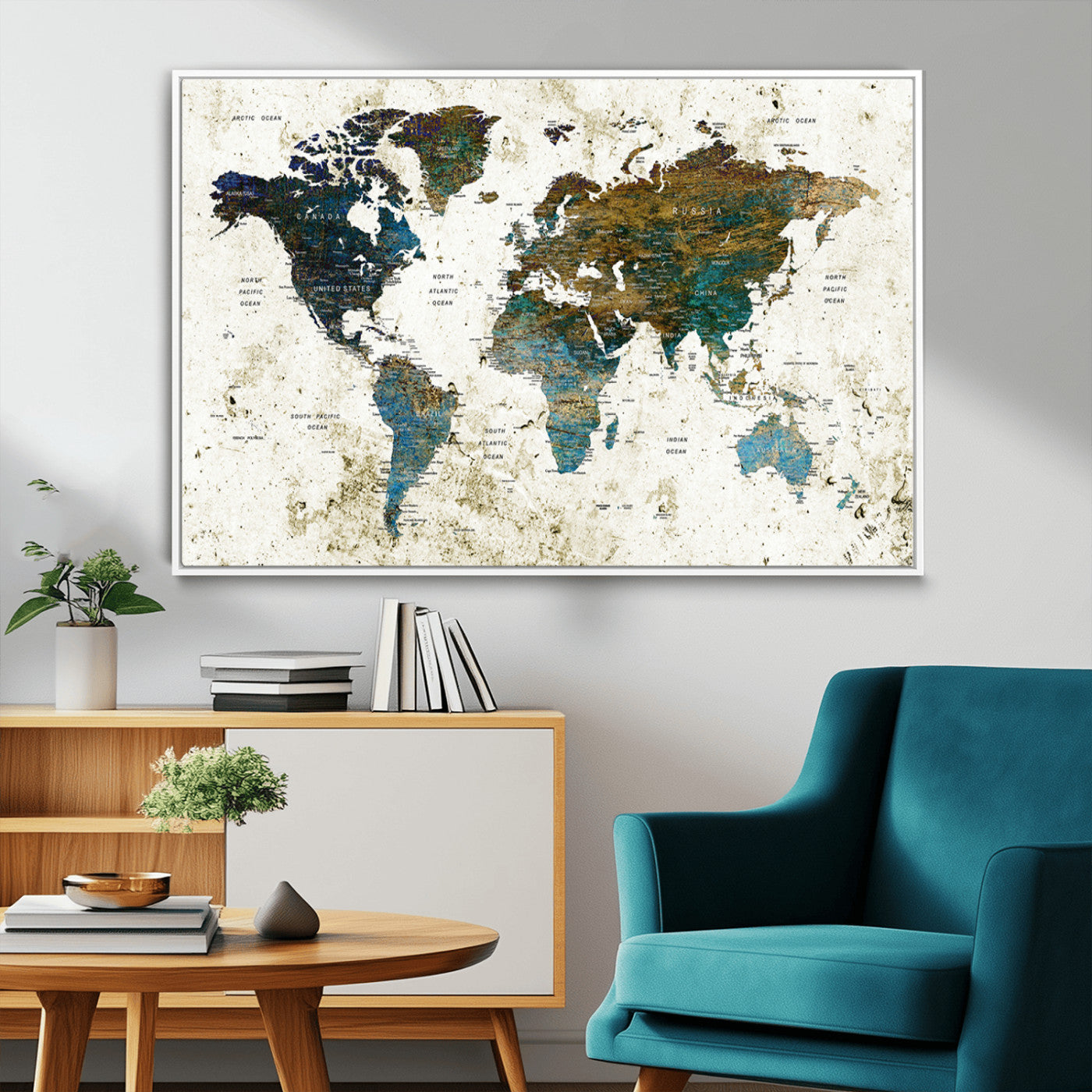 89176-MGV-CV-36X24-Vintage Blue and Brown World Map Canvas Wall Art – Framed Rustic Map Print, Earth Tone Travel Decor for Stylish Home and Office Walls