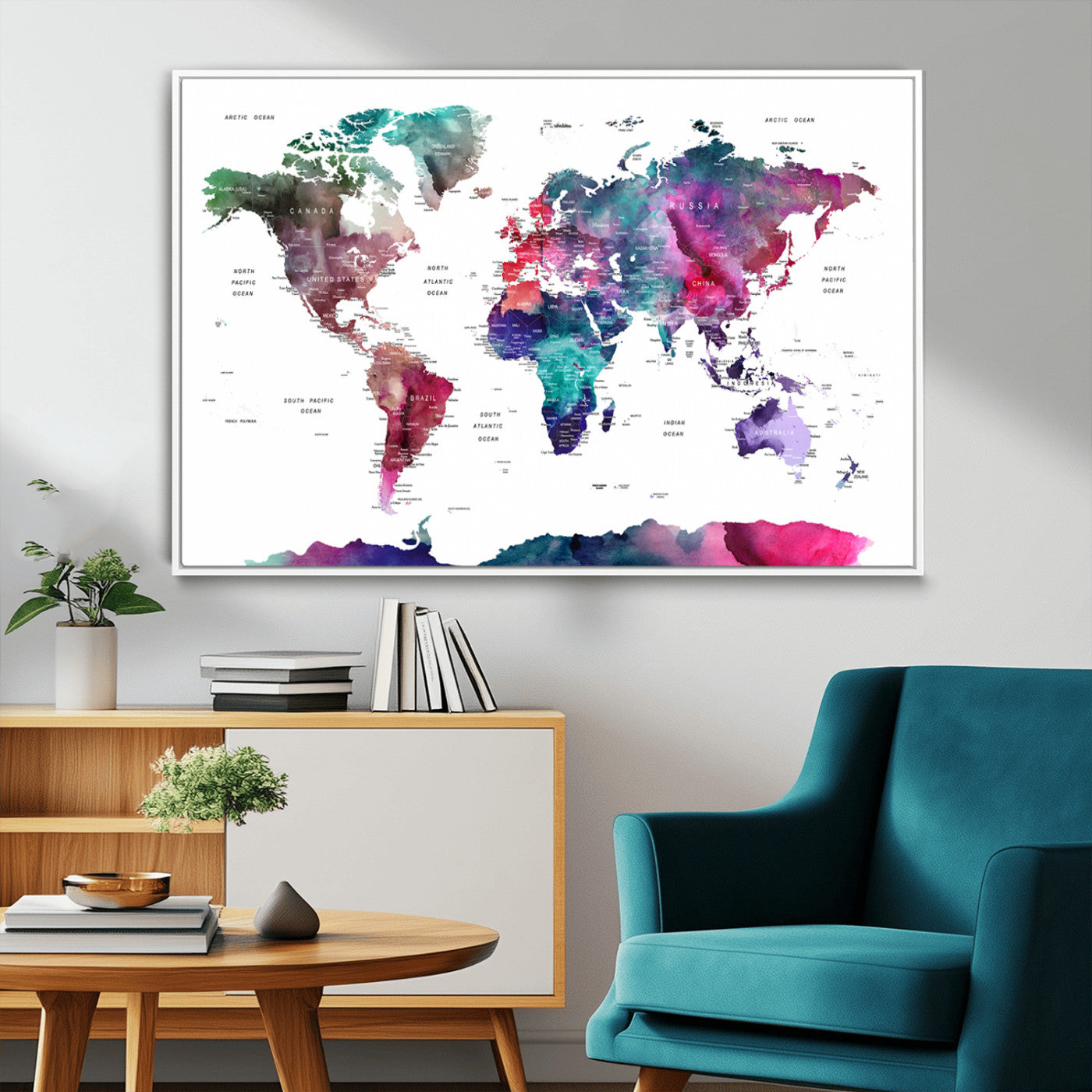 78176-MGV-FC-36X24_White-Colorful Watercolor World Map Canvas Wall Art – Framed Modern Map Print, Vibrant Travel Inspired Artwork for Home and Office Decor