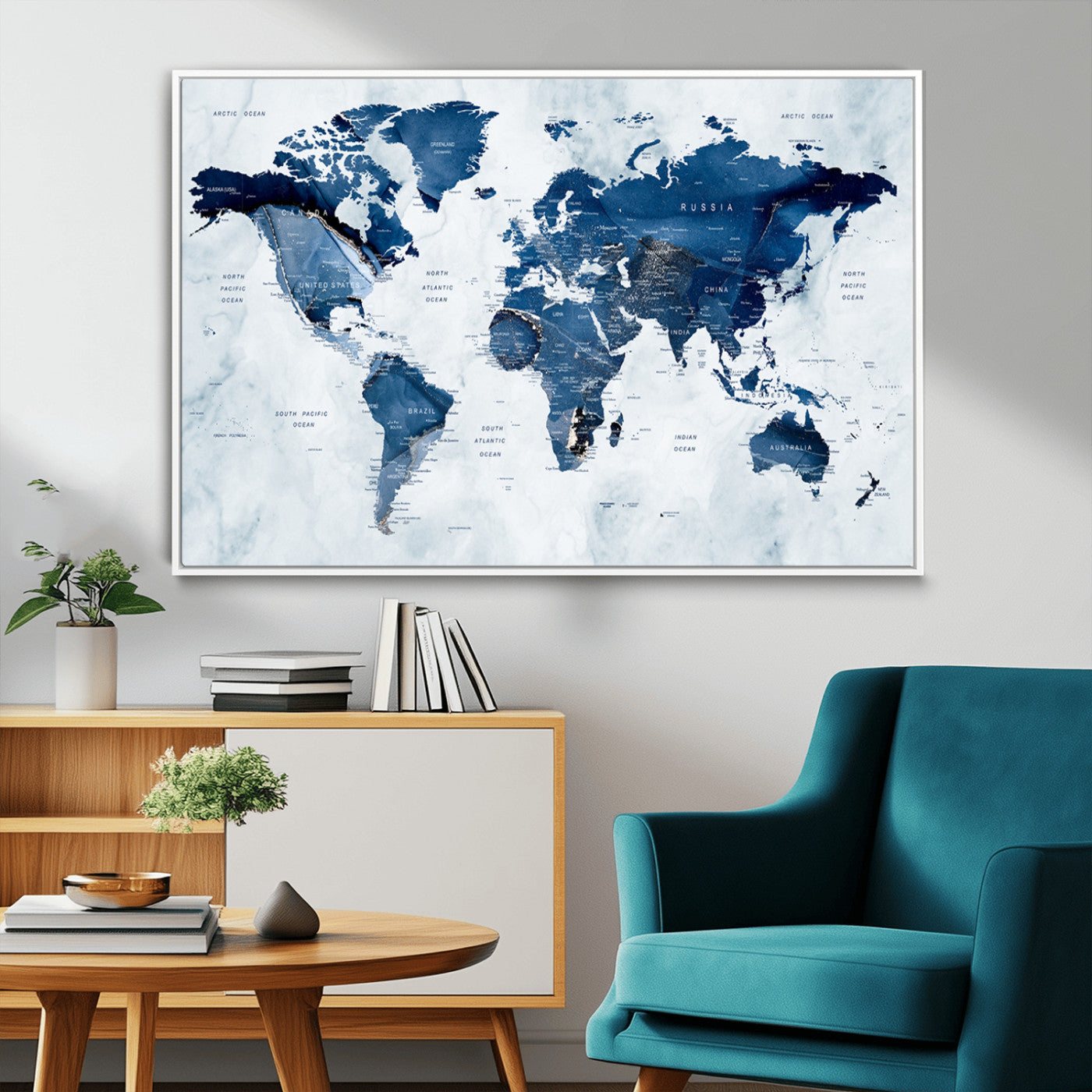 88266-MGV-CV-36X24-Modern Blue Marble World Map Canvas Print – Framed Push Pin Wall Art, Elegant Travel Map Artwork for Home Office or Living Room Decor