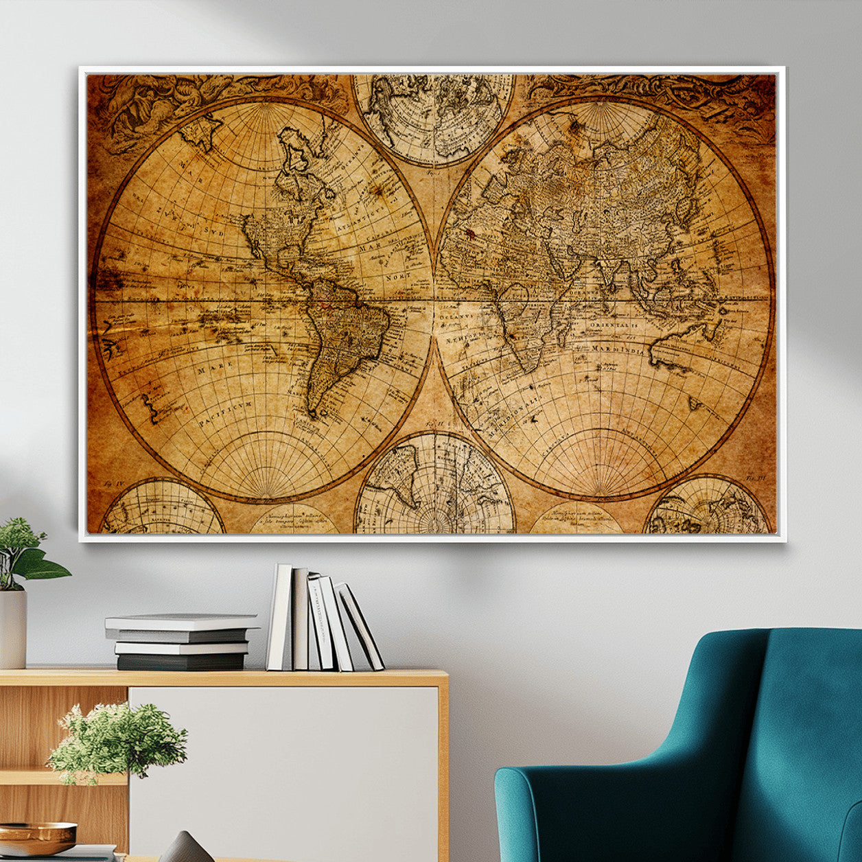 25517-MGV-FC-36X24 - Vintage World Map Canvas Print – Antique Push Pin Travel Map, Framed Wall Art for Home or Office Decor