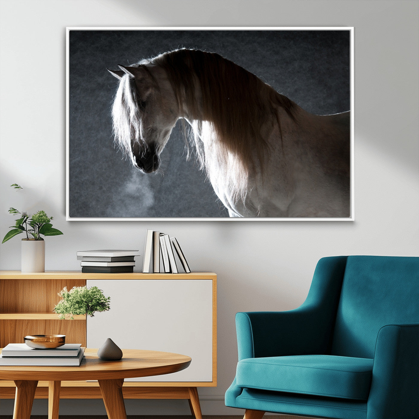 -Large Wall Art Cream Colored Horse on Grey Background Canvas Print
