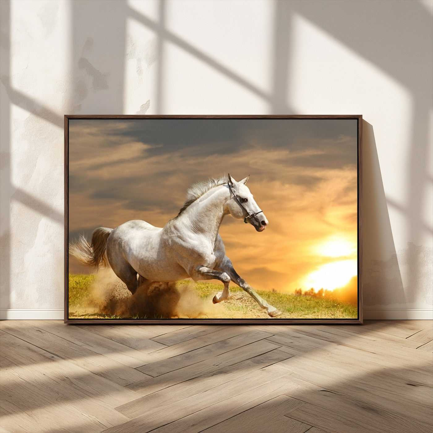27413-MGV-FC-36X24_Walnut-Large Wall Art Galloping White Horse at Sunset Canvas Print