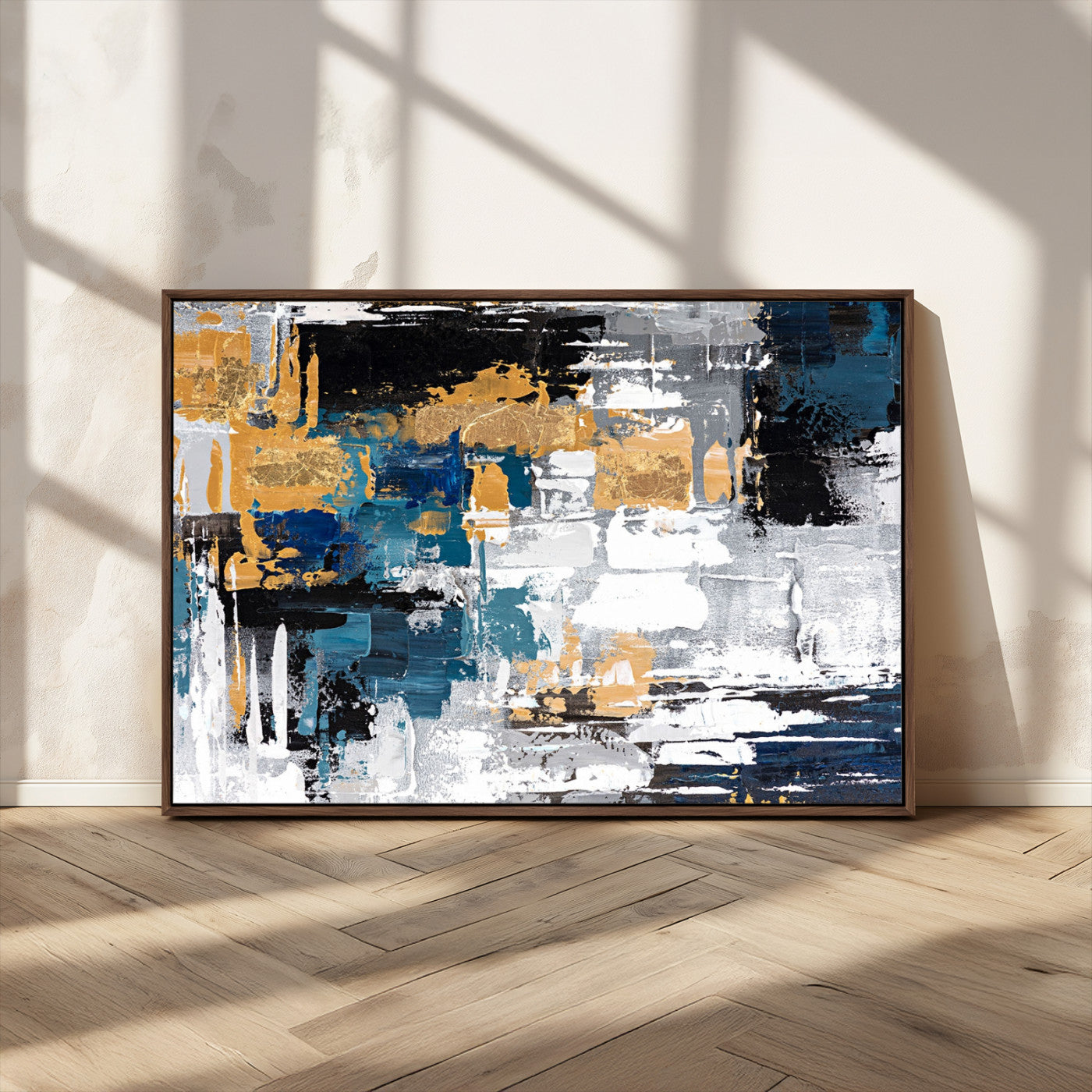 57708-MGV-CV-36X24-Blue and Gold Abstract Canvas Wall Art – Triptych Modern Painting for Living Room – Framed and Ready