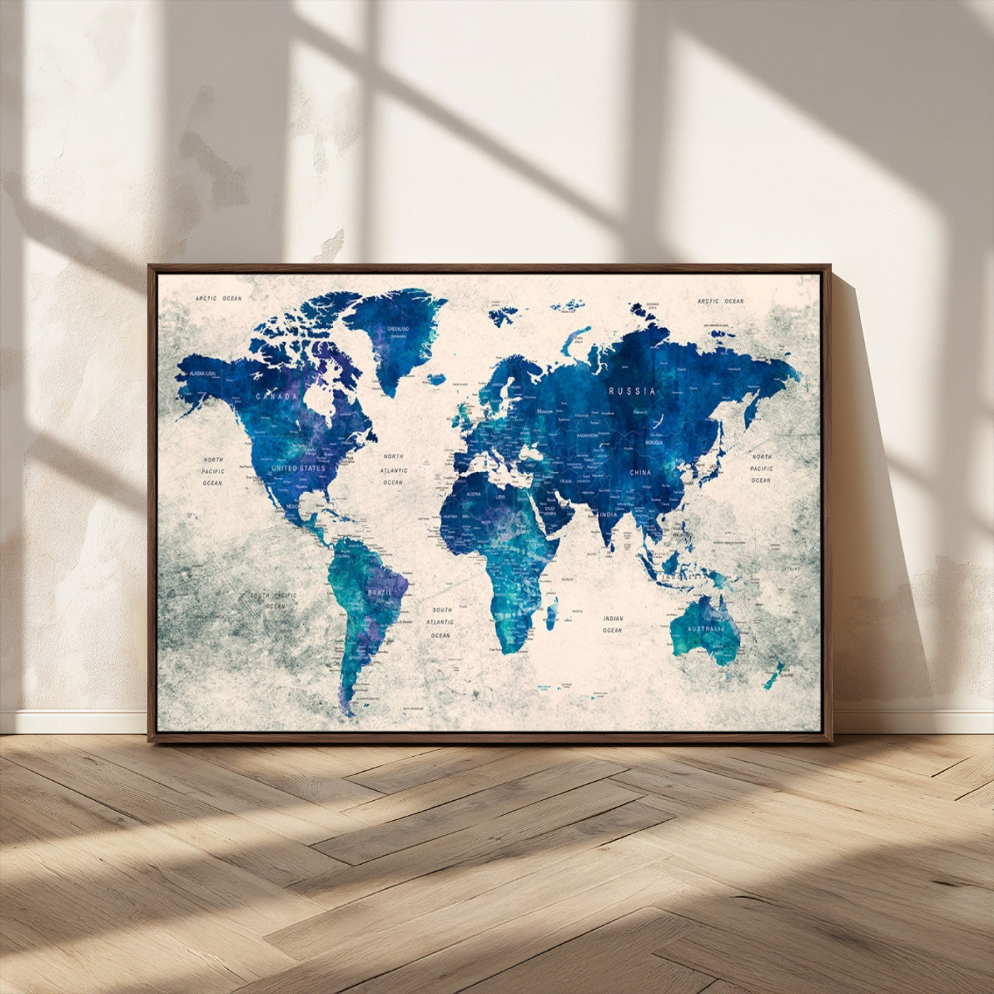 43947-MGV-CV-36X24-Blue Watercolor World Map Canvas Print – Framed Modern Wall Art, Elegant Push Pin Travel Map Decor for Home Office or Living Room
