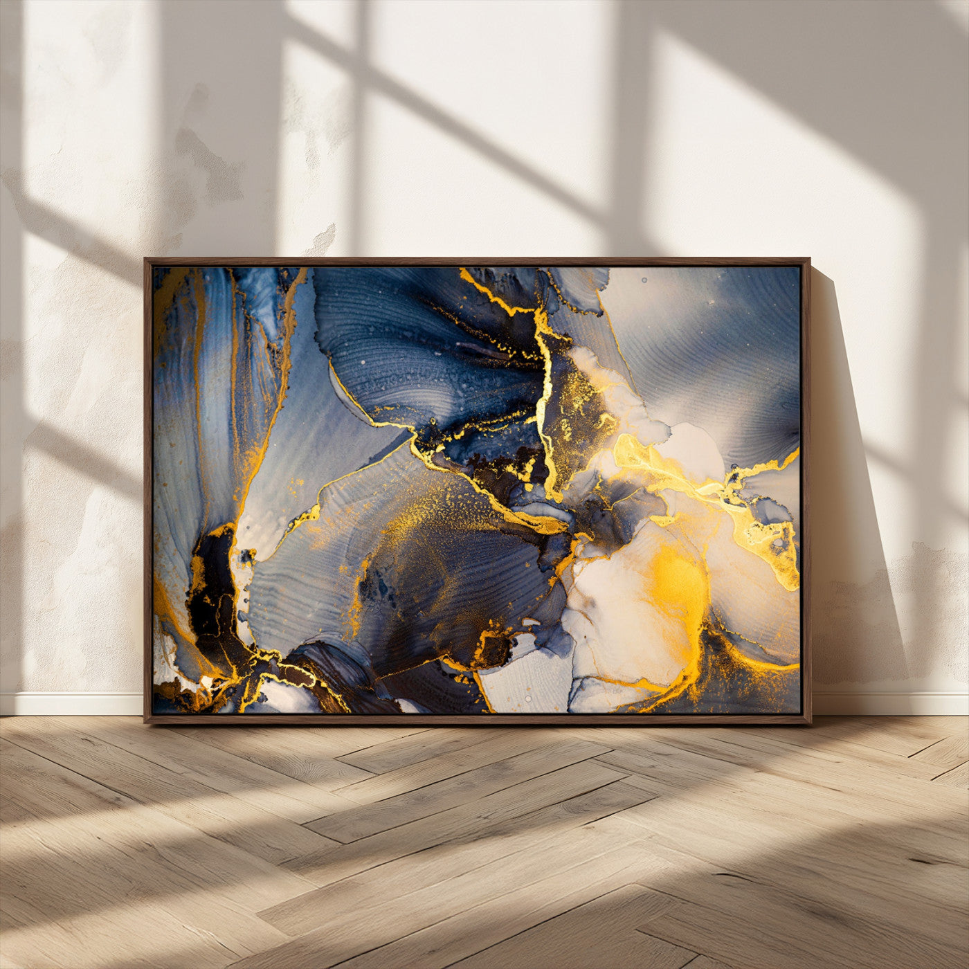 42100-MGV-CV-36X24-Large Abstract Wall Art Print - Gold and Blue Abstract Canvas Wall Art | Fluid Ink Modern Luxury