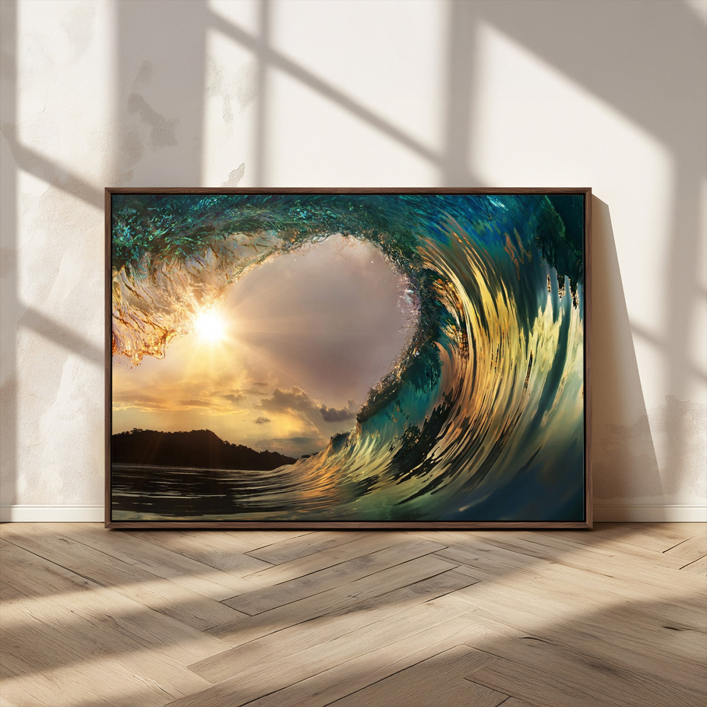 -Golden Wave Sunset Canvas Print – Large Coastal Wall Art for Nature Lovers, Captivating Ocean Wave