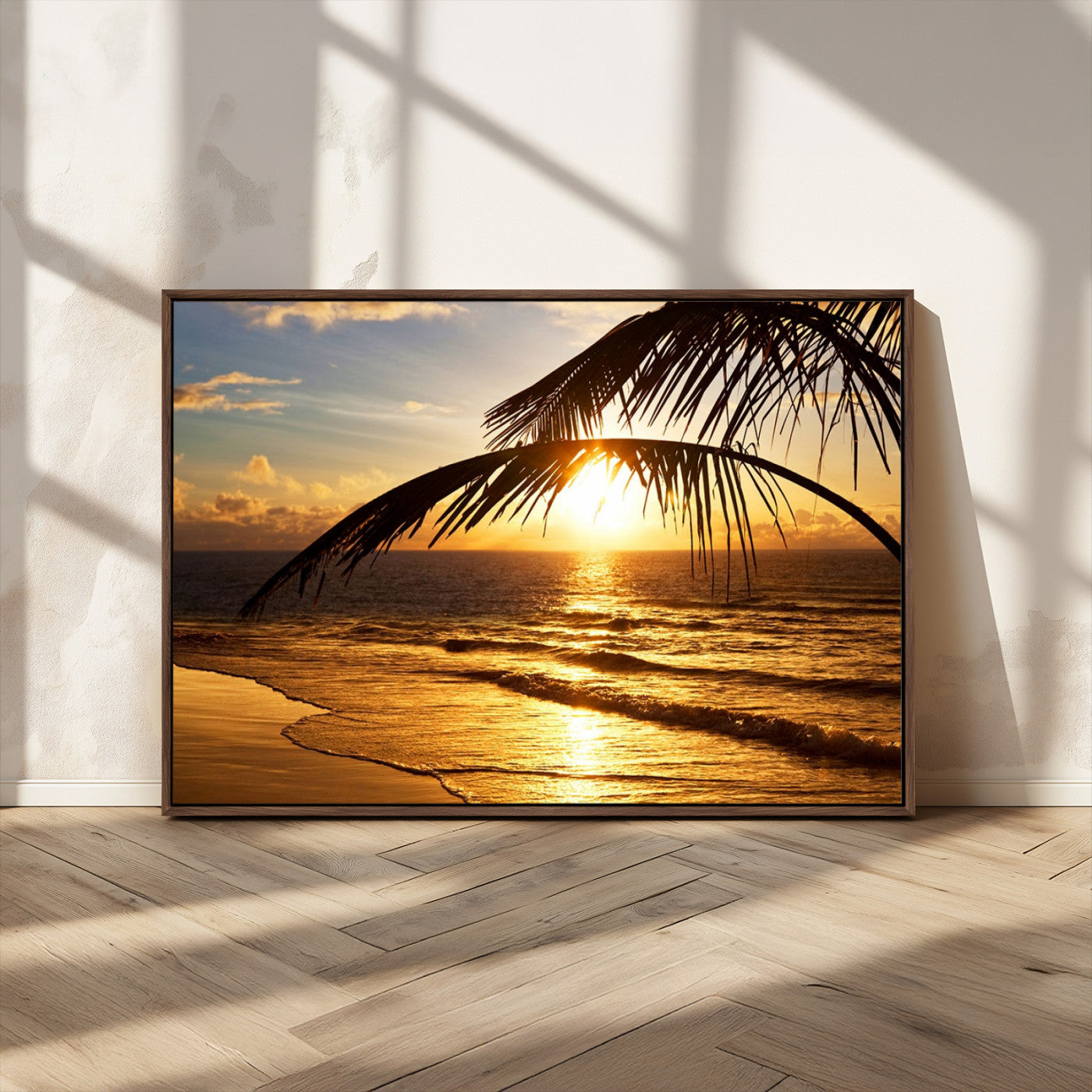 41507-MGV-FC-36X24_Walnut-Golden Tropical Beach Sunset Canvas Triptych, Coastal Palm Tree Wall Art, Ocean Shoreline Giclee