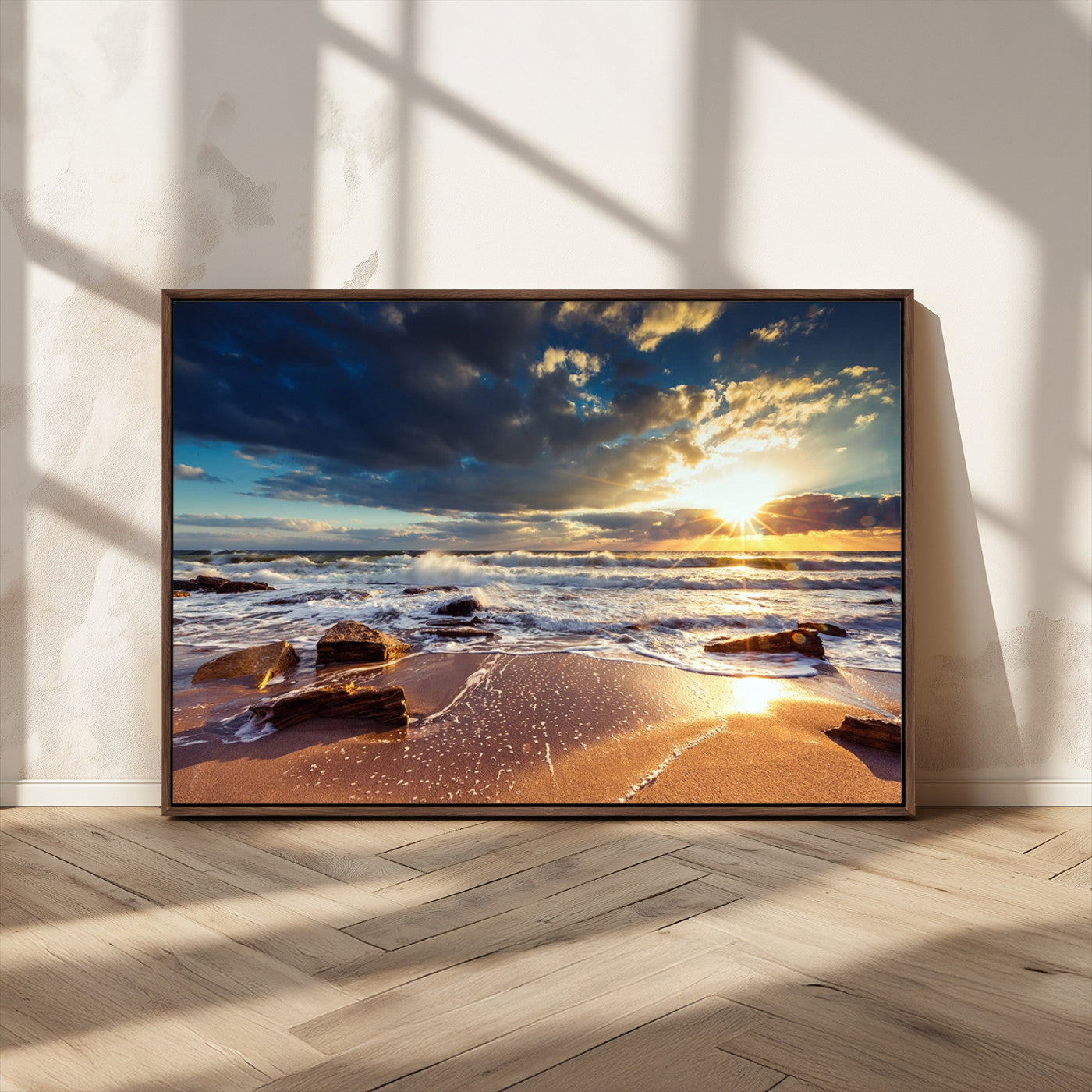 44481-MGV-FC-36X24_Walnut-Golden Hour Beach Sunset Canvas Triptych, Ocean Waves and Rocks Wall Art for Coastal Home Decor