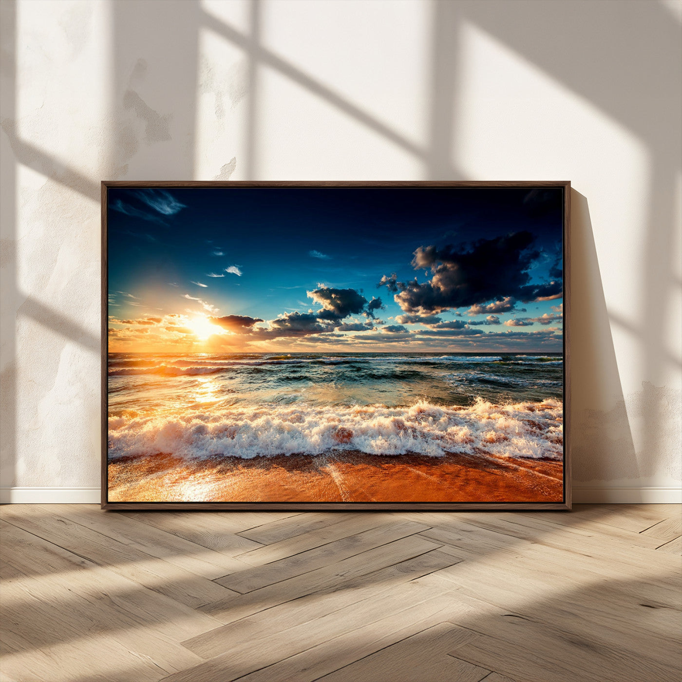 26996-MGV-CV-36X24-Golden Hour Sunset Over Ocean Waves Wall Art Canvas Print | 3 Panel Coastal Landscape Canvas Wall