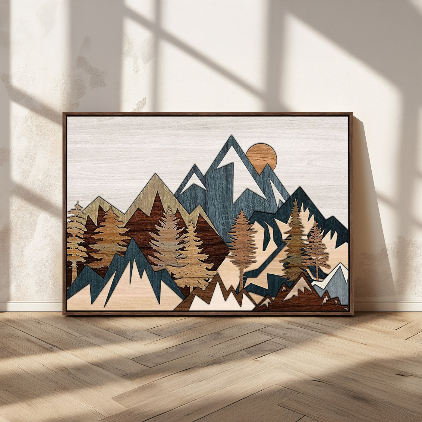 67950-MGV-CV-36X24-Rustic Abstract Wood Panel Effect Canvas Mountain Range Top Wood Wall Art Canvas Print
