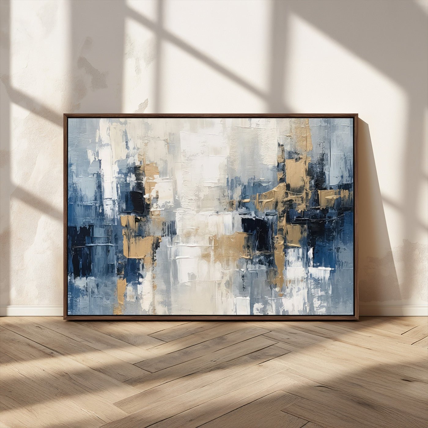 44344-MGV-FC-36X24_Walnut-Modern Abstract Canvas Wall Art in Blue and Gold Tones | Large Contemporary Art for Living Room,