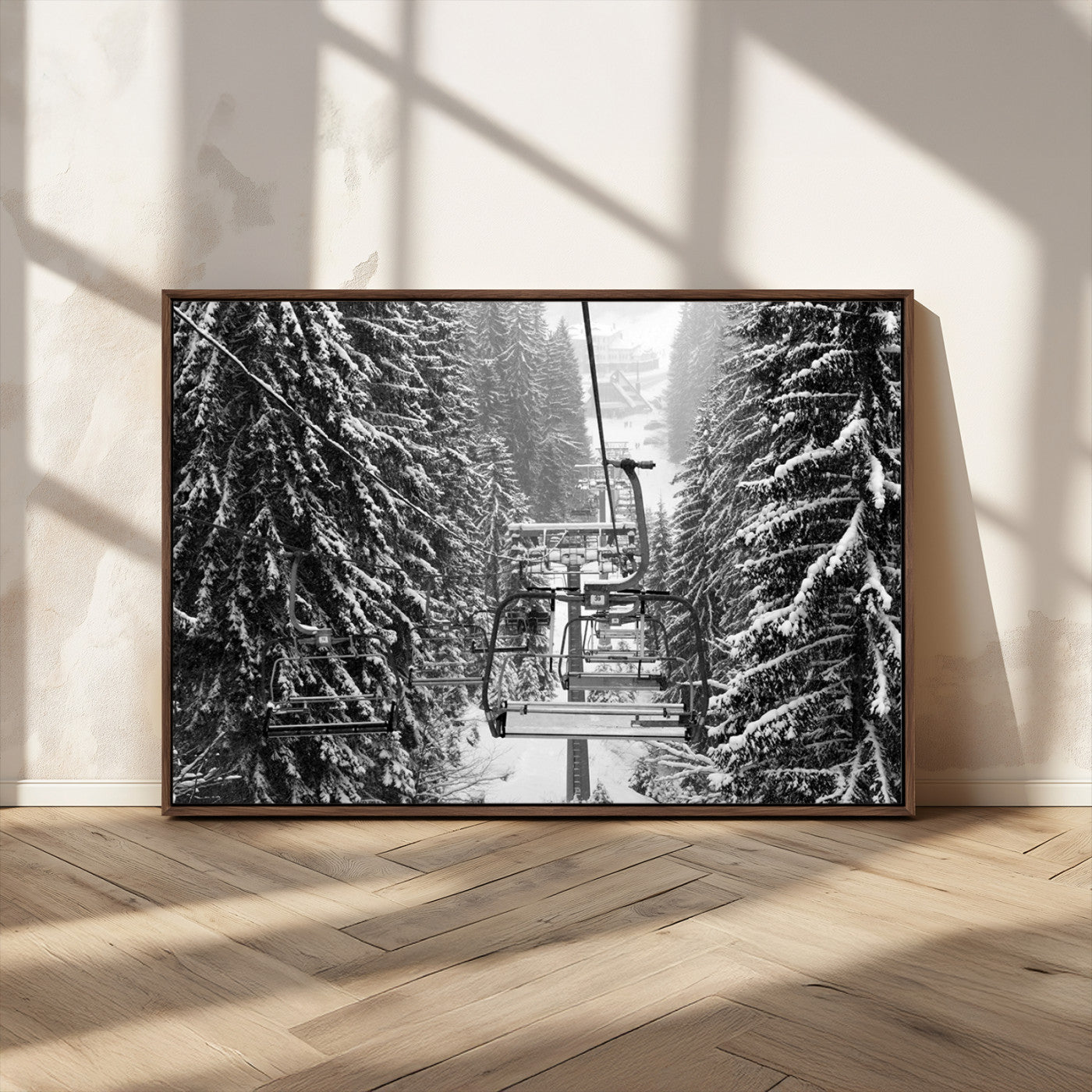 19240-MGV-CV-36X24-Winter Ski Lift Black and White Canvas Wall Art – Alpine Escape in Minimalist Style – Winter Ski