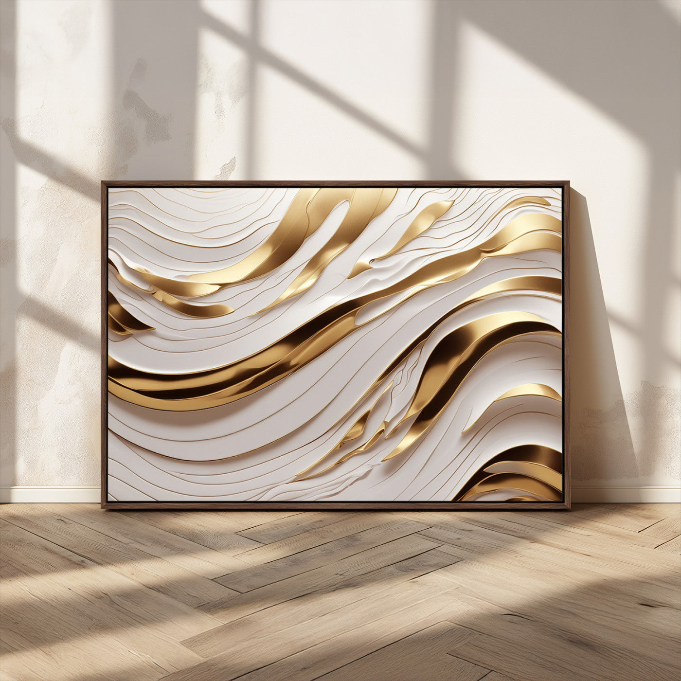 81197-MGV-CV-36X24-Gold and White Abstract Wave Canvas – Elegant Flowing Design with Luxurious Golden Accents –