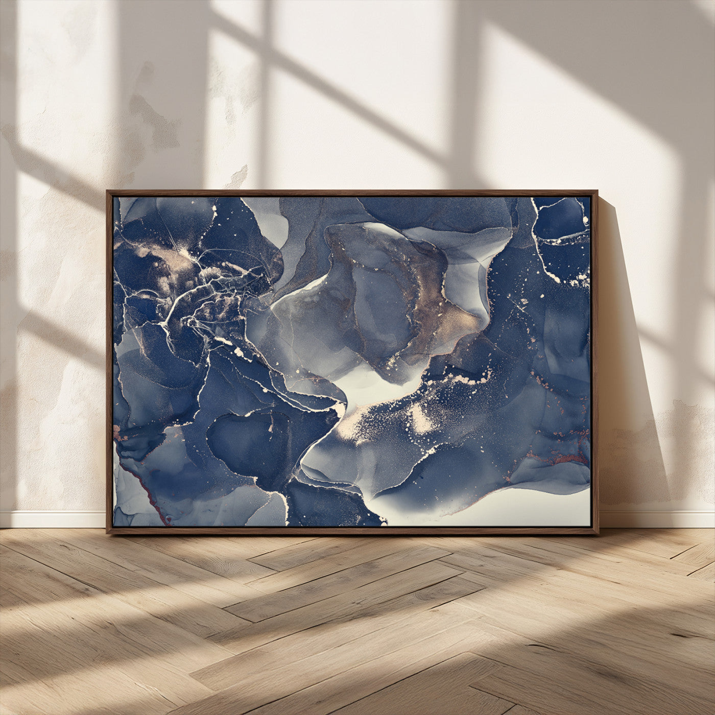 28282-MGV-FC-36X24_Walnut-Large Abstract Blue and Gold Canvas Wall Art | Fluid Ink Artwork Print | Luxury Wall Decor for