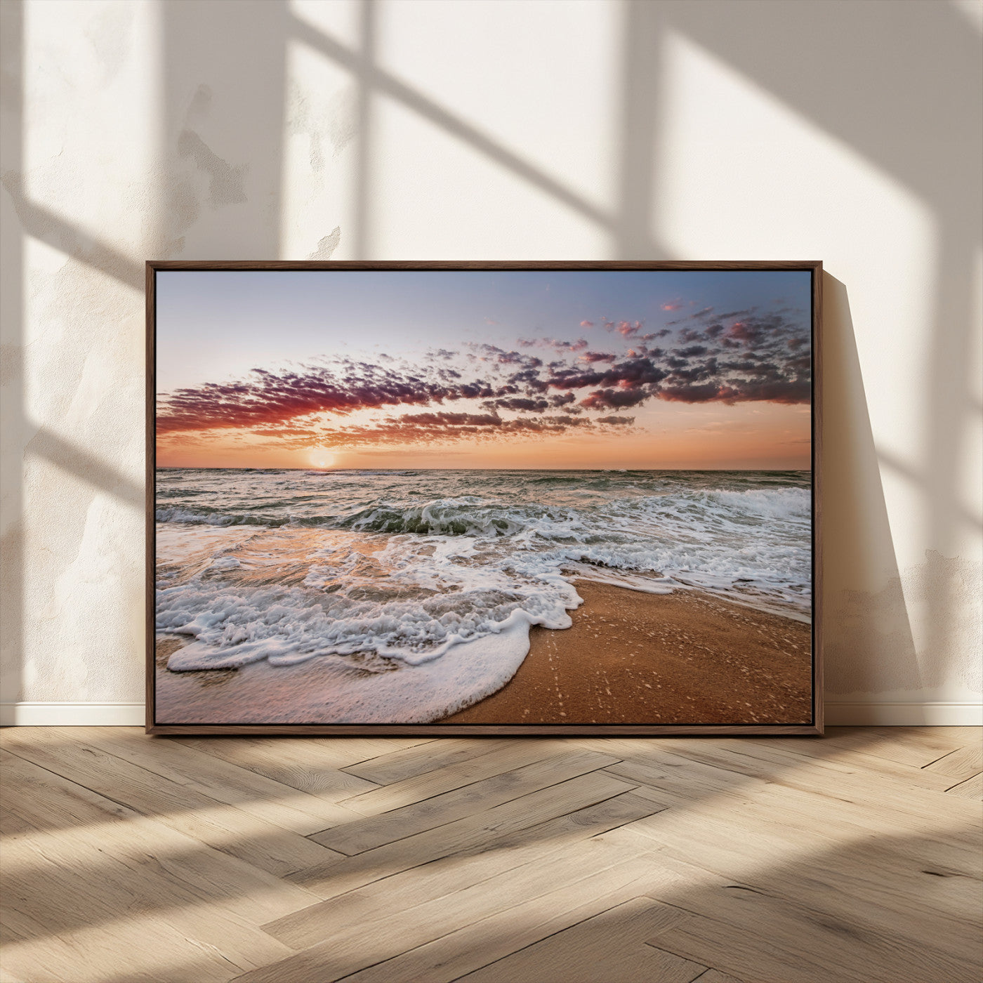 39846389-MGV-CV-36X24-Ocean Sunset Wall Art Canvas Print – Framed Sandy Shore Gentle Waves Coastal Landscape Minimalist Artwork for Home, Office