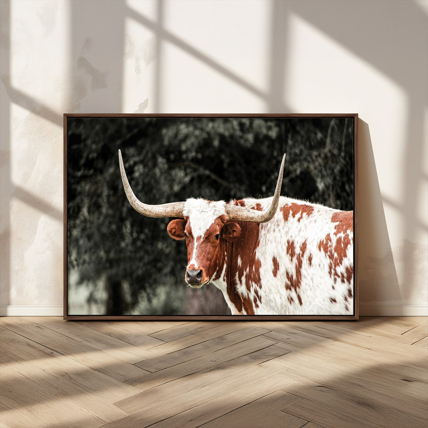 -Texas Longhorn Wall Art Canvas Print, Framed Spotted Cow Art Picture Print, Horned Bull Perfect Rustic Western Decor Artwork