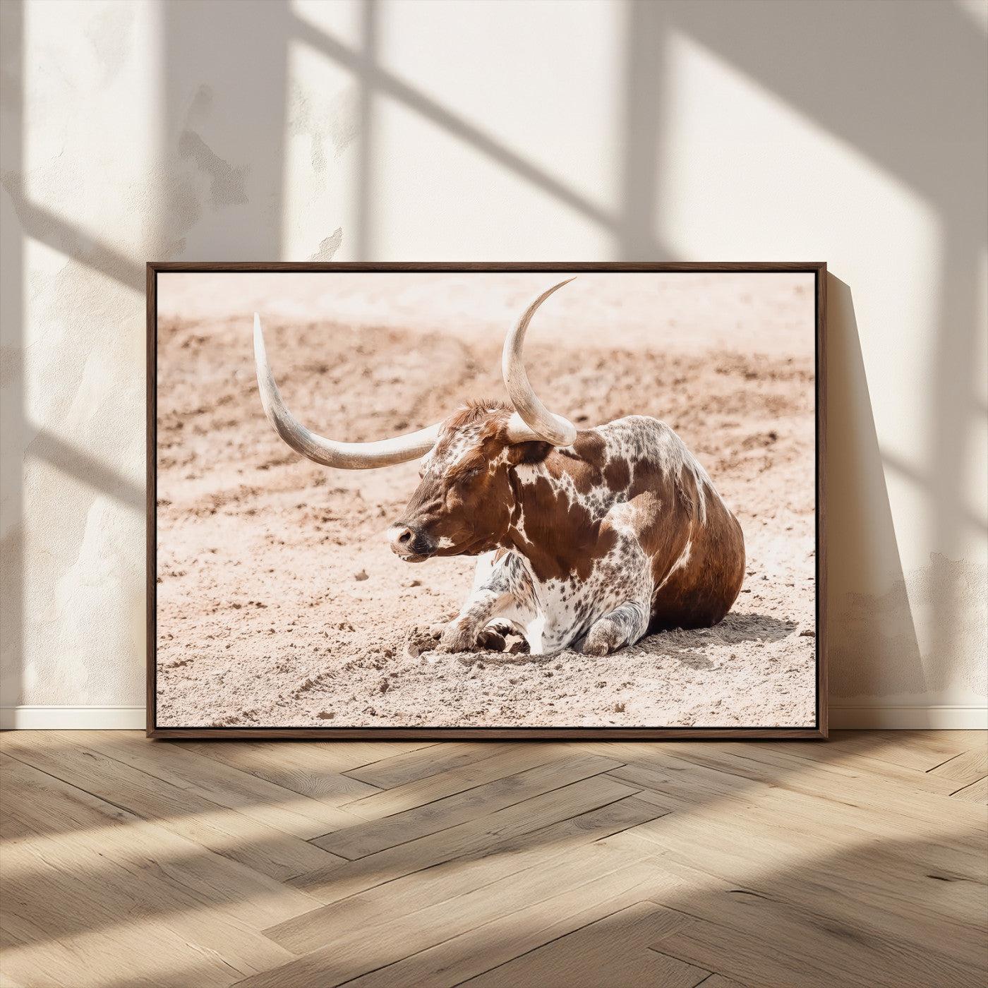 91248682-MGV-CV-36X24-Texas Longhorn Wall Art Canvas Print – Framed Resting Bull Scene with Spotted Cattle Artwork for Home, Office