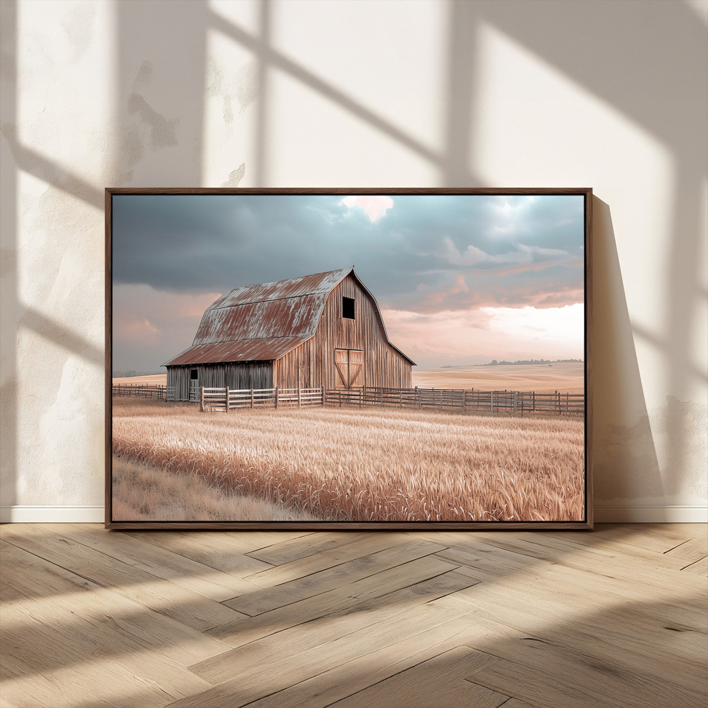 36878364-MGV-CV-36X24-Rustic Barn Wall Art Canvas Print – Framed Wheat Field Scene with Sunset Barn Artwork for Home, Office, Living Room