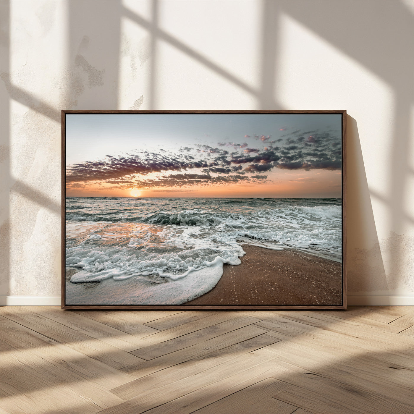 40632752-MGV-CV-36X24-Ocean Sunset Wall Art Canvas Print – Framed Beach Waves Scene with Coastal Artwork for Home, Office, Living Room