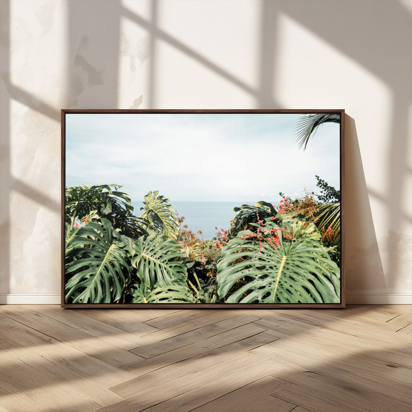 45700479-MGV-CV-36X24 - Tropical Greenery Wall Art – Exotic Leaves & Ocean View Canvas Print, Sunlit Paradise and Vibrant Nature for Living Room or Coastal Decor